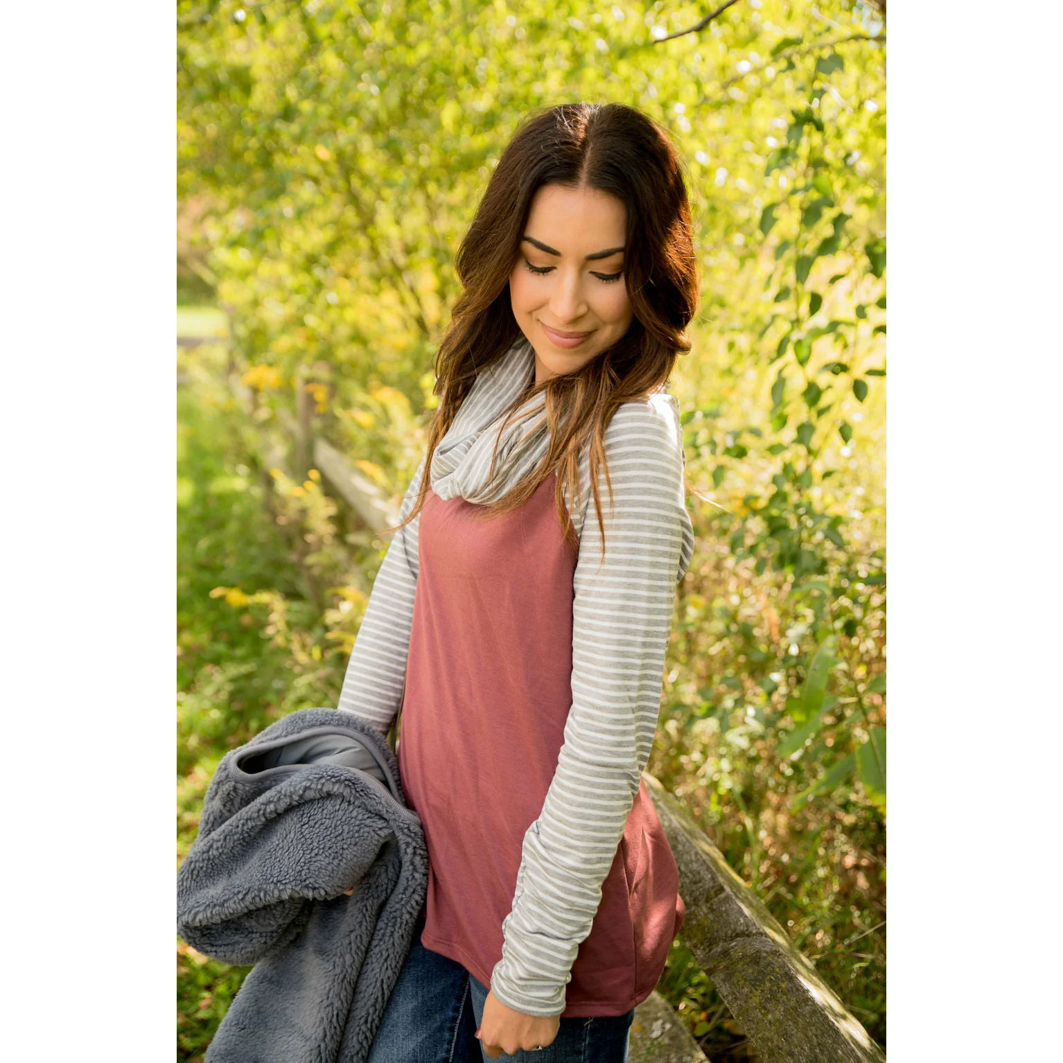 Mauve Body Striped Sleeve Cowl Neck