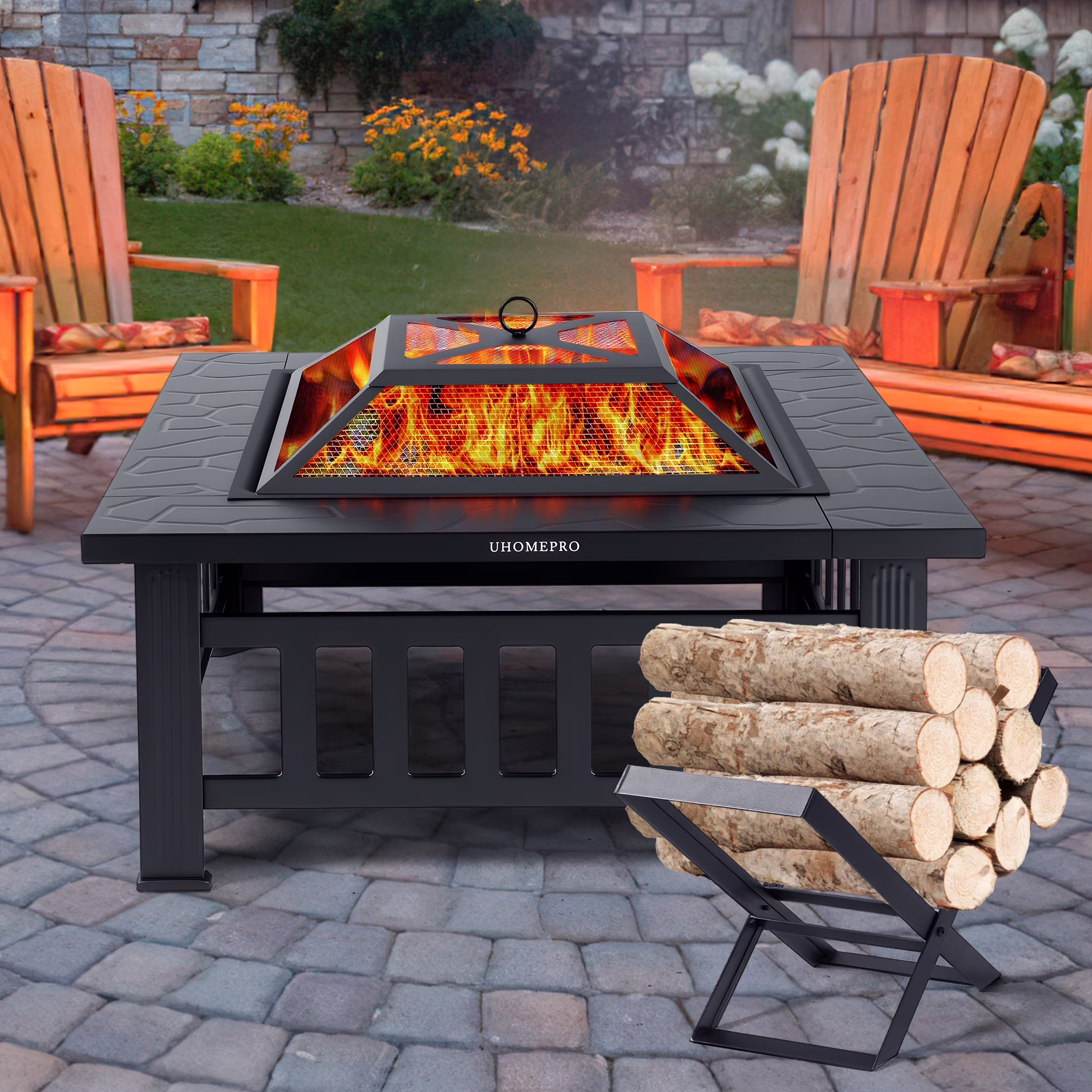 Fire Pits for Outside, 32 Wood Burning Fire Pit Tables with Firewood Rack, Screen Lid, Poker, BBQ Net, Food Clip and Cover, Backyard Patio Garden Outdoor Fire Pit BBQ Fire Pit, Black