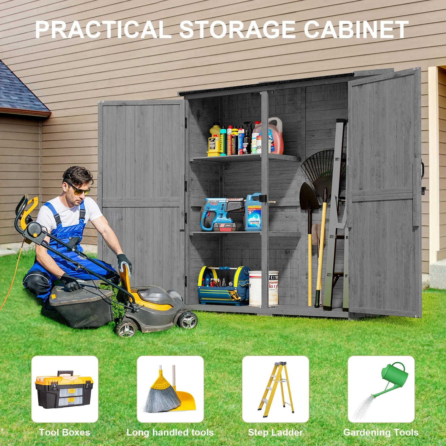 55�� Wide Outdoor Storage Shed with Lockable Double Doors Weather-Resistant Garden Shed for Patio, Backyard Lawn, Gray(55"W/Grey) - Image 4