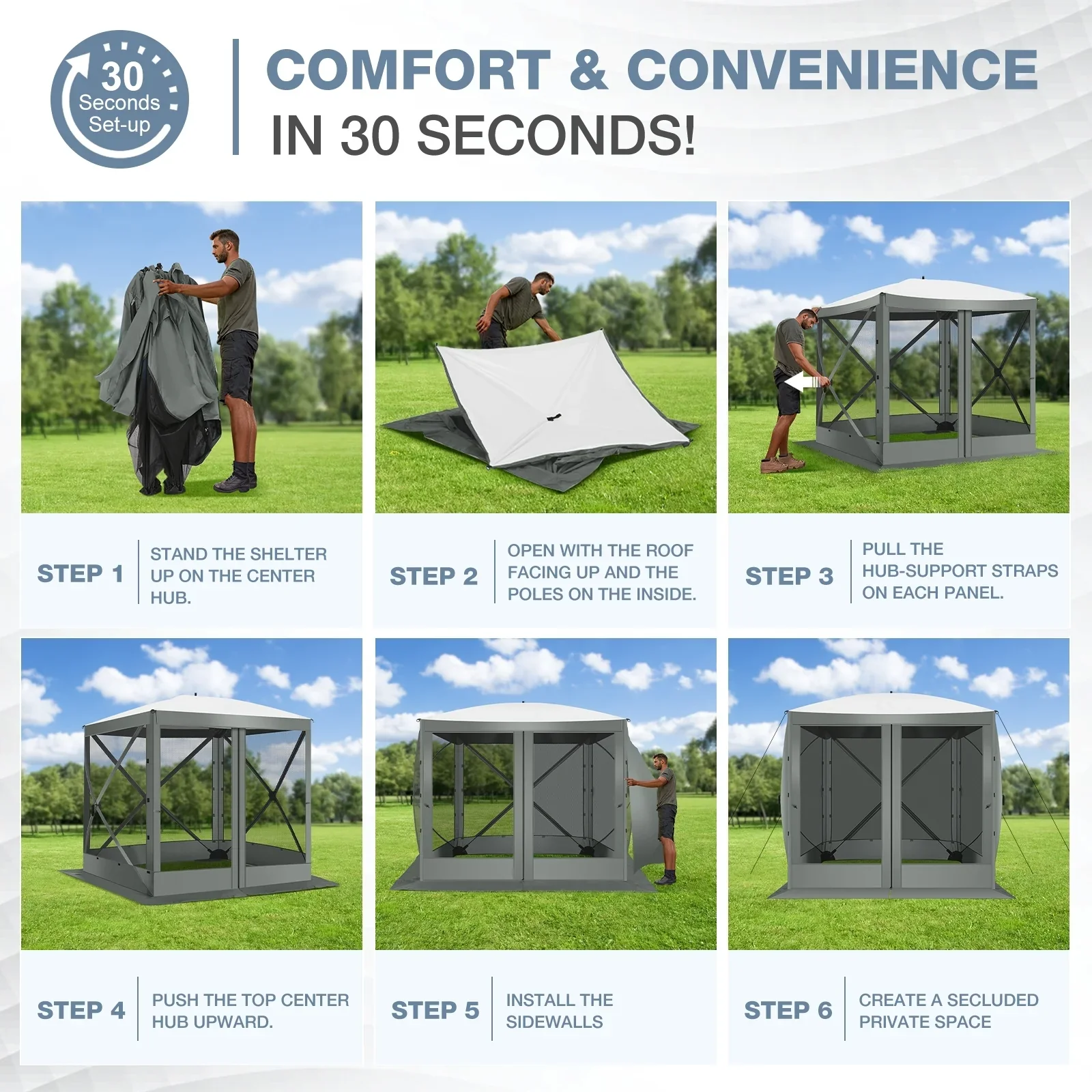 COBIZI 8x8 Pop up Gazebo Tent, Ez up Waterproof Screen Tent Screen House, Portable Outdoor Canopy Sun Shelter with 3 Sidewalls, Carry Bag & Ground Stakes for Camping, Garden and Picnics, Gray
