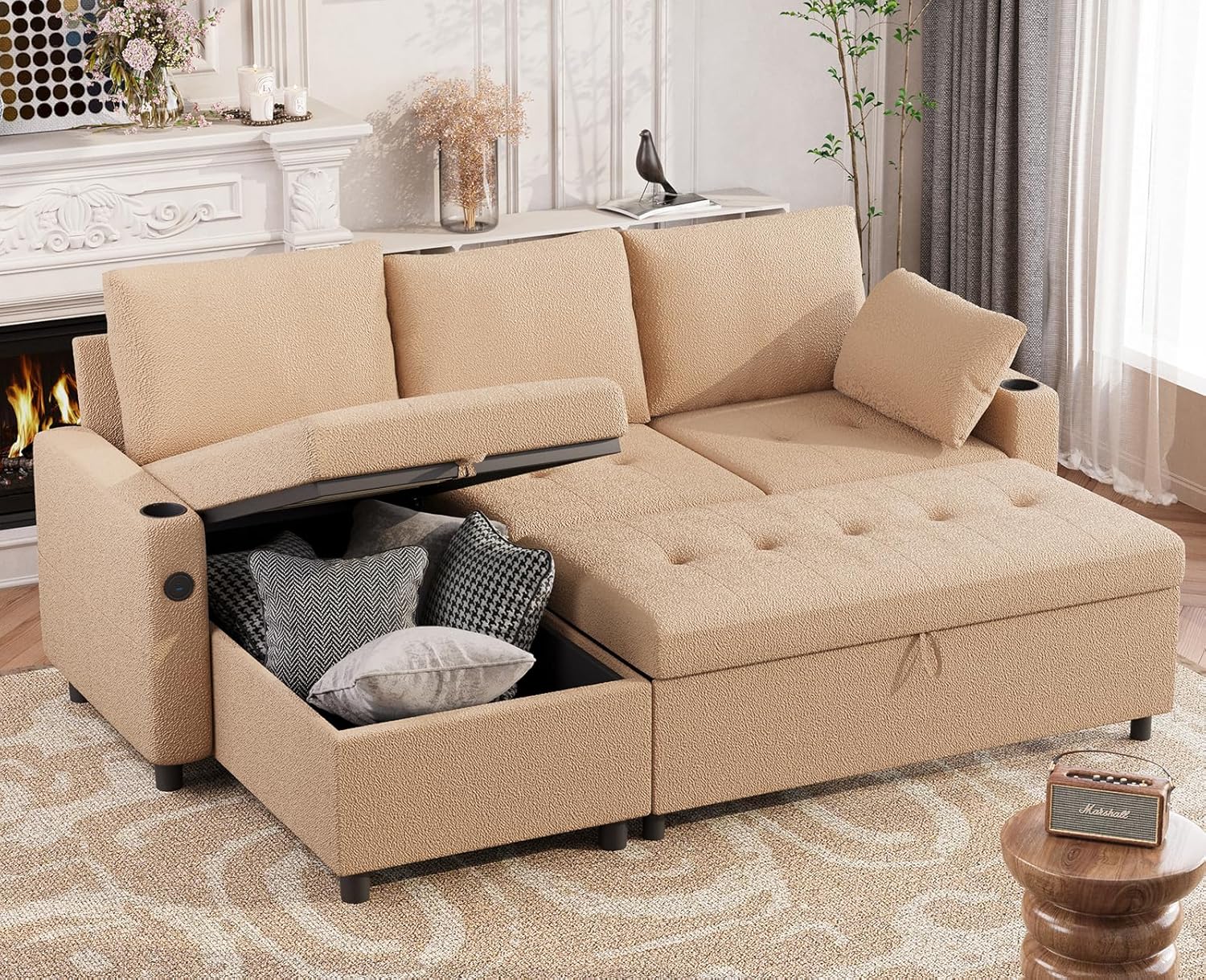 AECOJOY Sleeper Sofa Couch with Pullout Bed, Teddy Fleece, Tan