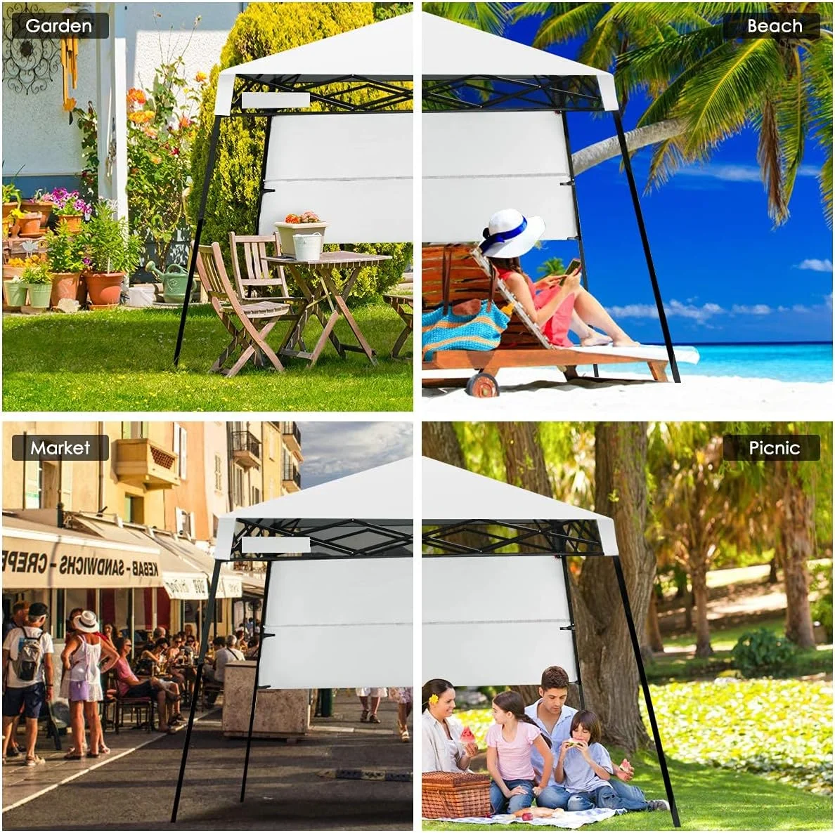 7x7 Ft Pop Up Canopy, Slant Leg Outdoor Tent with Carry Bag 4 Stakes, Compact Portable Canopy Tent for Hiking Camping Fishing Picnic, 7x7 Base, 6x6 top(7' x 7'/White) - Image 7