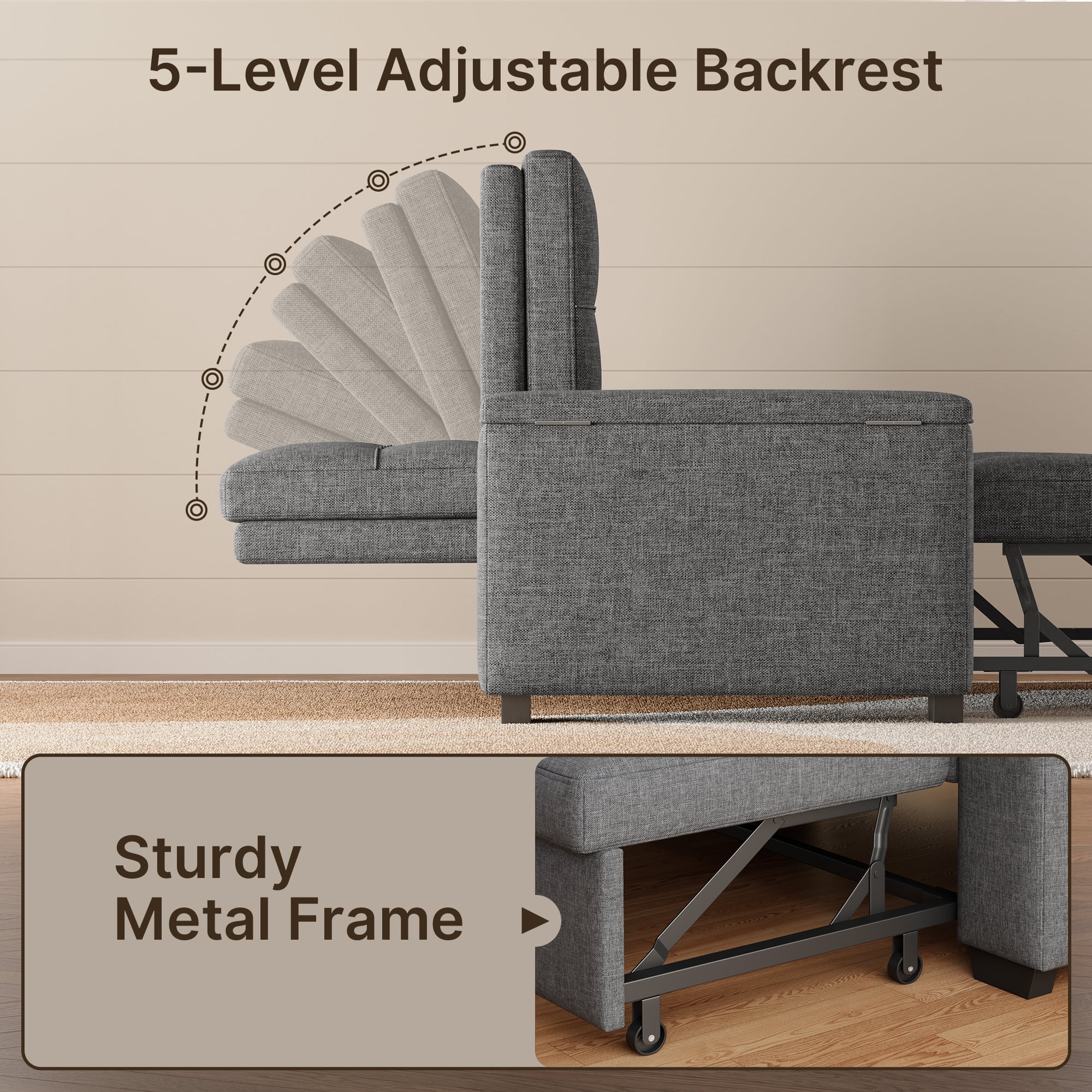 Sofa Bed, 3 in 1 Convertible Couch Bed with Storage Armrest and Adjustable Backrest for Living Room, Dark Gray - Image 5