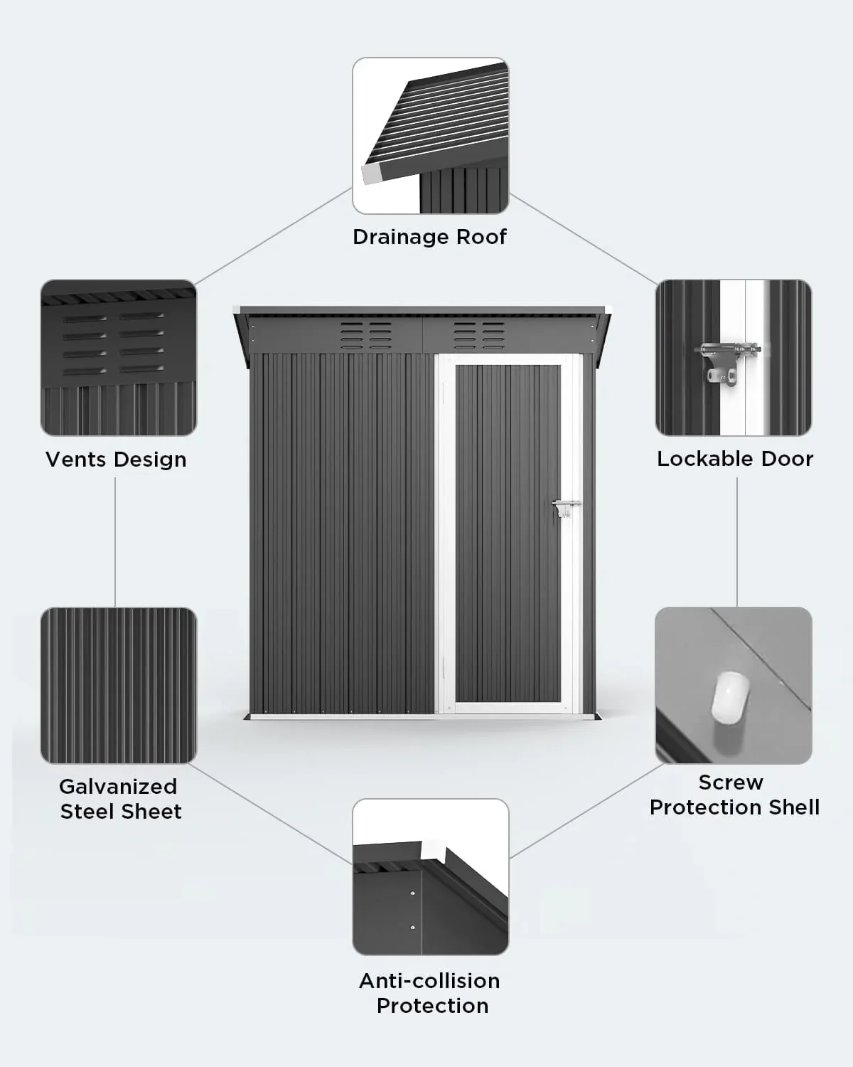 Aiho 5'x 3' Metal Outdoor Storage Shed for Patio Lawn Garden - Gray