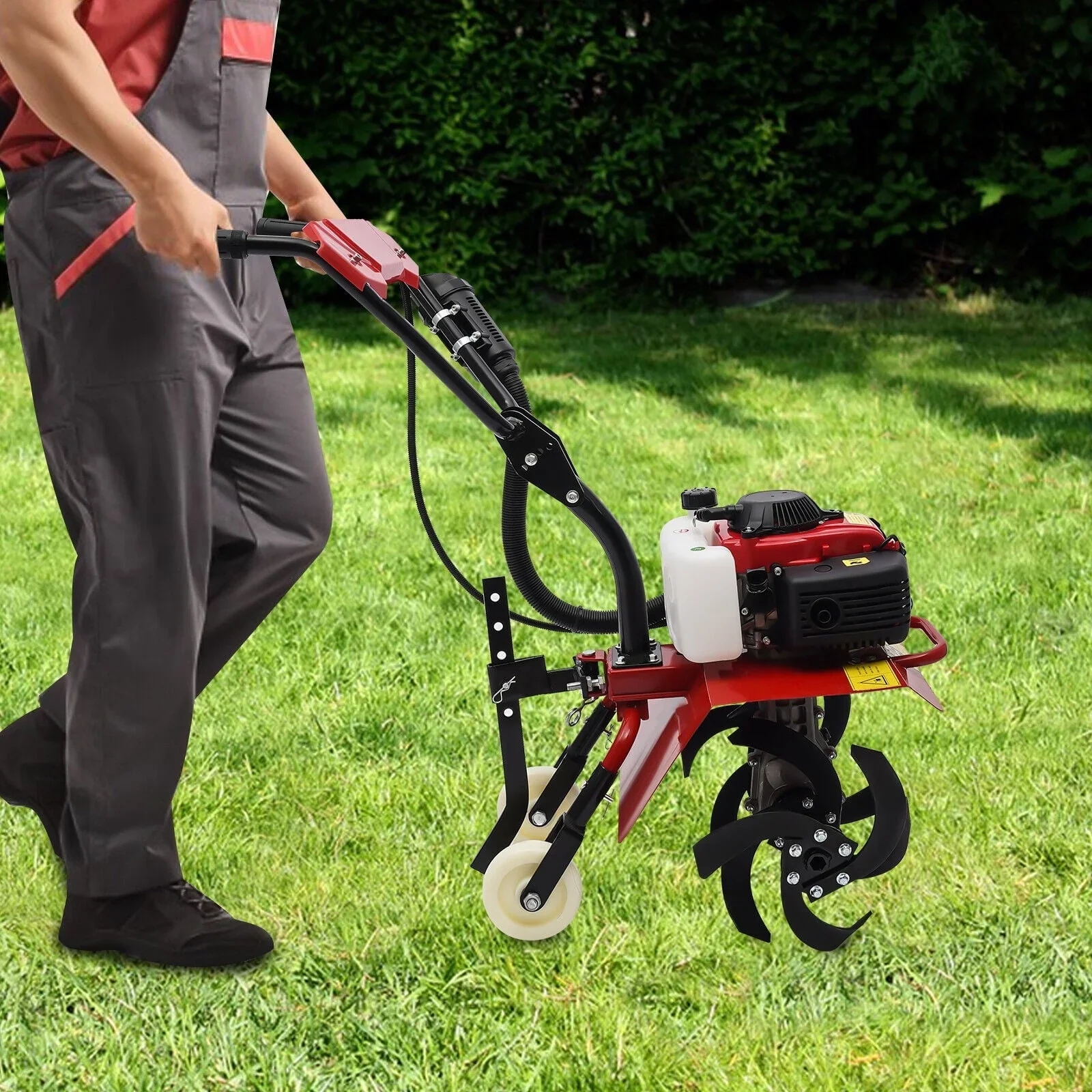 63cc Air-Cooled Gas Power Garden Tiller Cultivator Equipment 4-Stroke Portable Gas Tiller Yard Plant Farm Tilling Tool 1600W 9000RPM