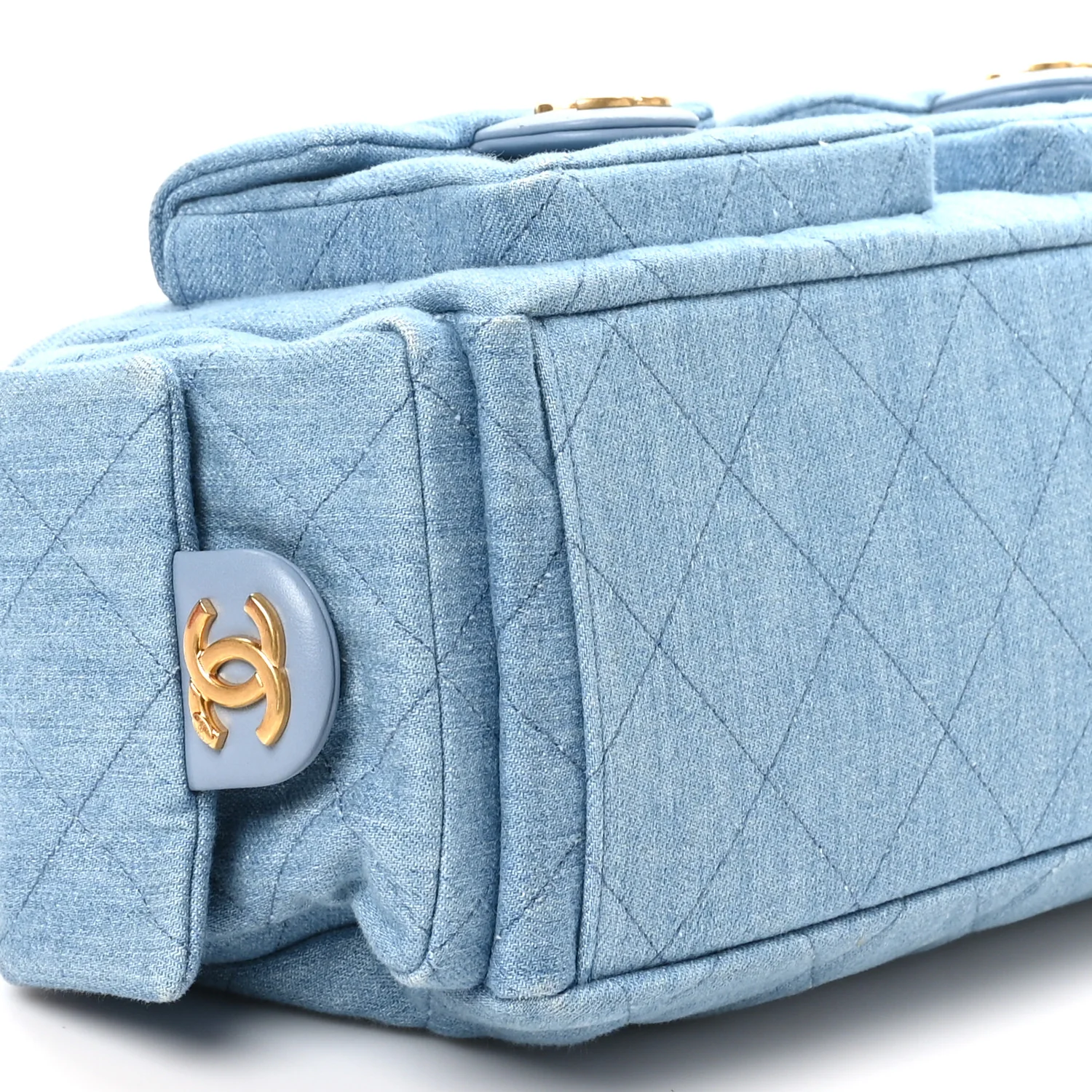 Washed Denim Quilted Large Trendy Pockets Hobo Blue