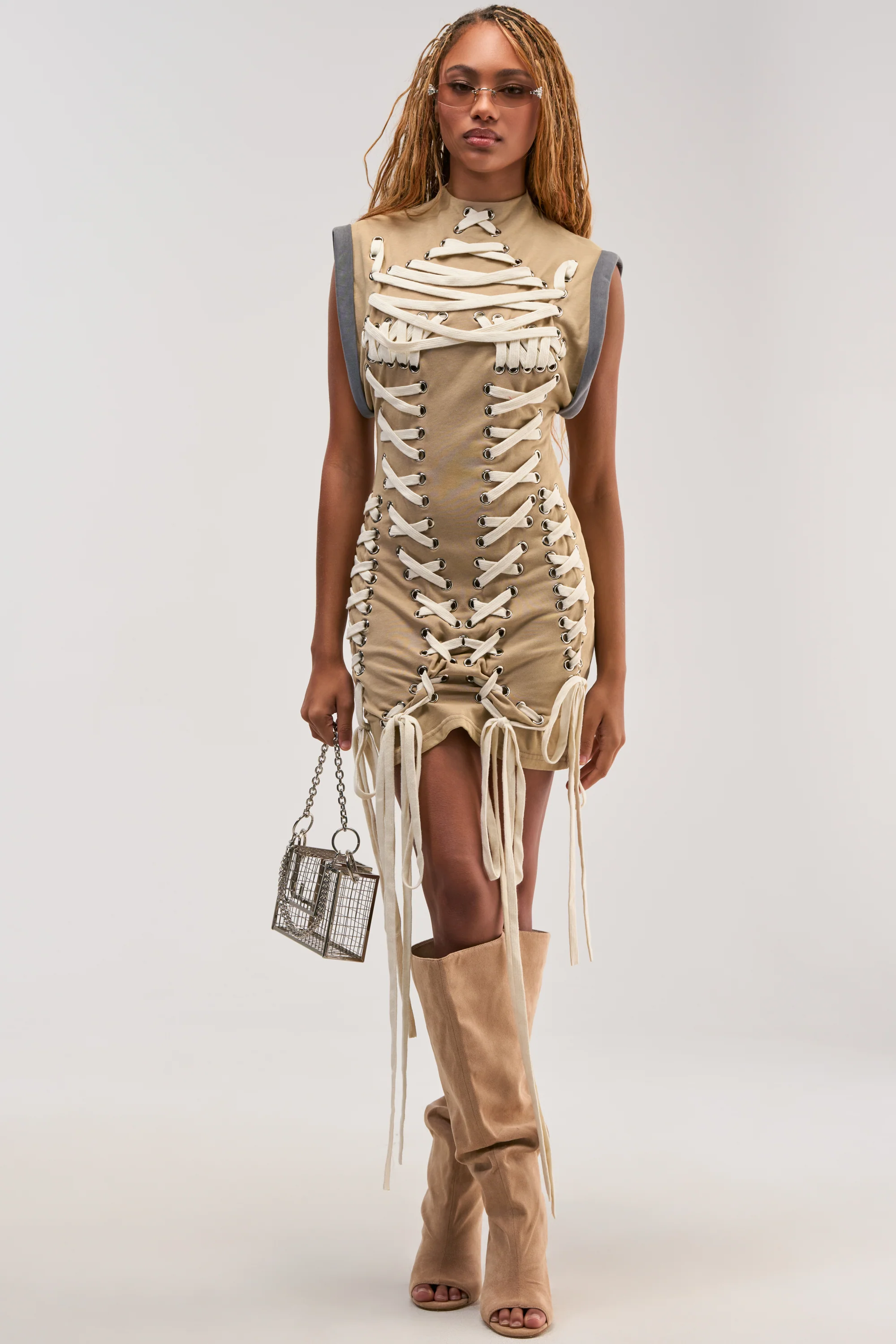 BANKS LACE UP MOCK NECK KNIT MINI DRESS IN DESERT - Akira Store