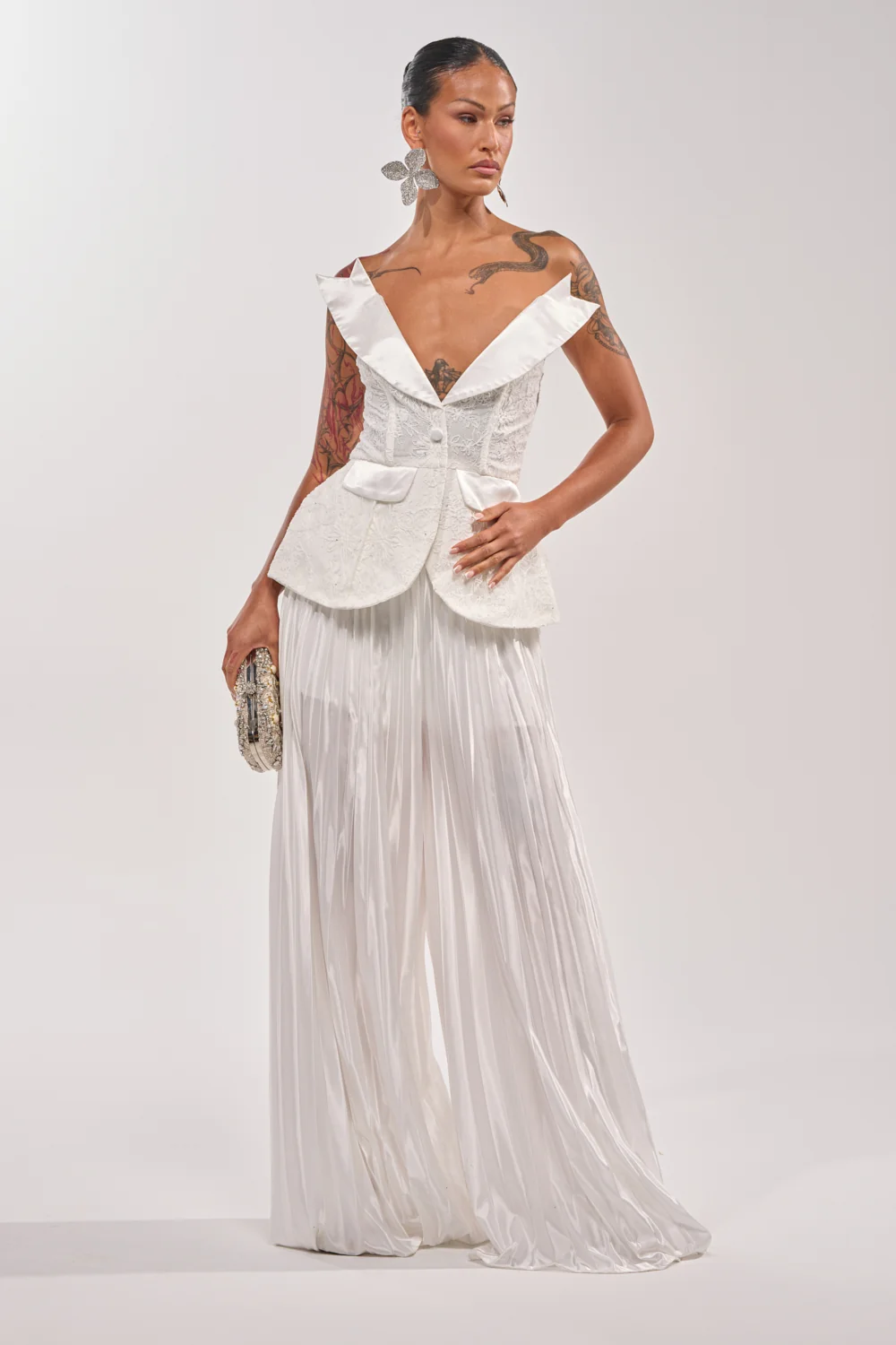 CALLED OUT SATIN PLEATED PALAZZO PANT IN WHITE - Akira Store