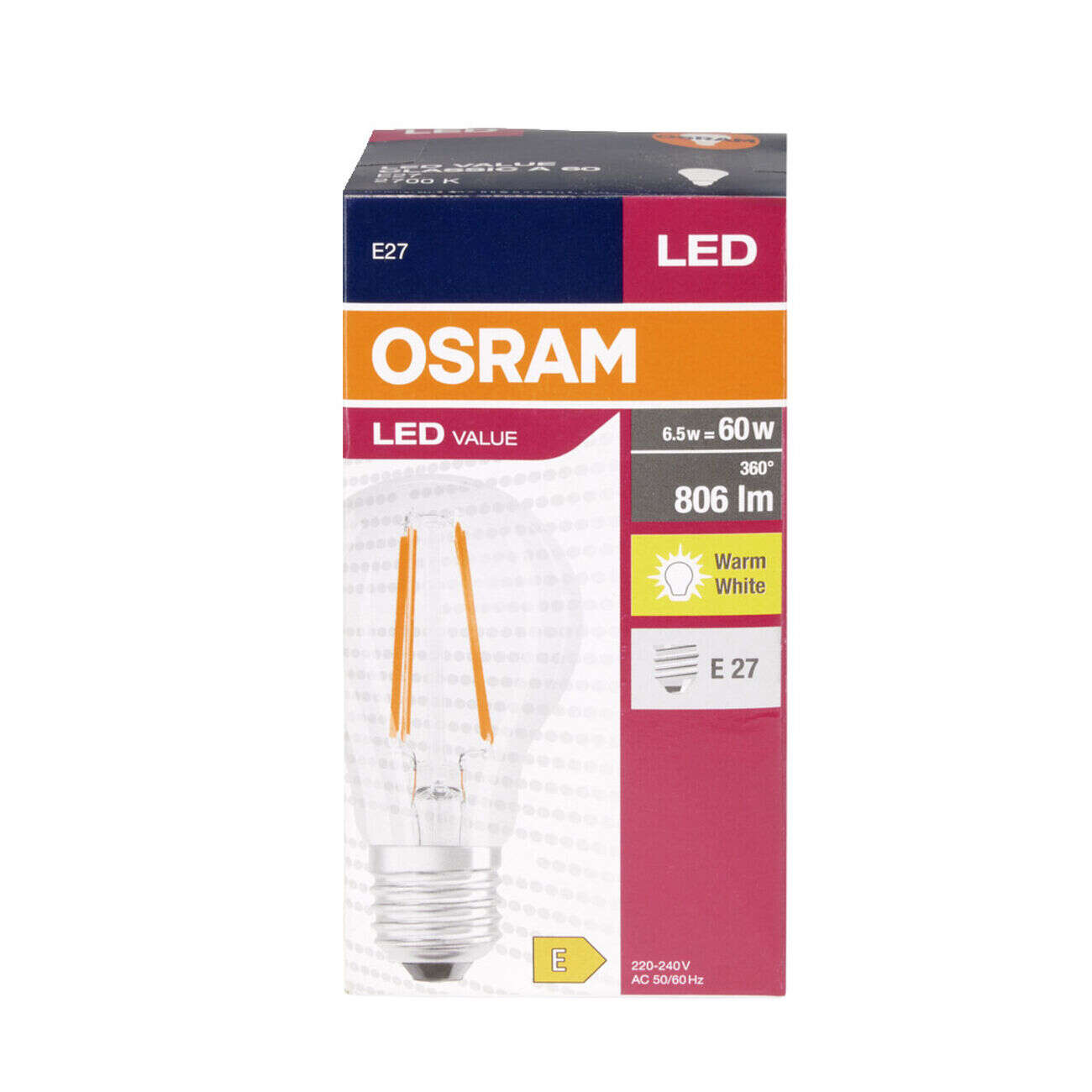 Ampoule LED filament E27 A60 blanc chaud Osram 6,5W=60W 806lms classe E