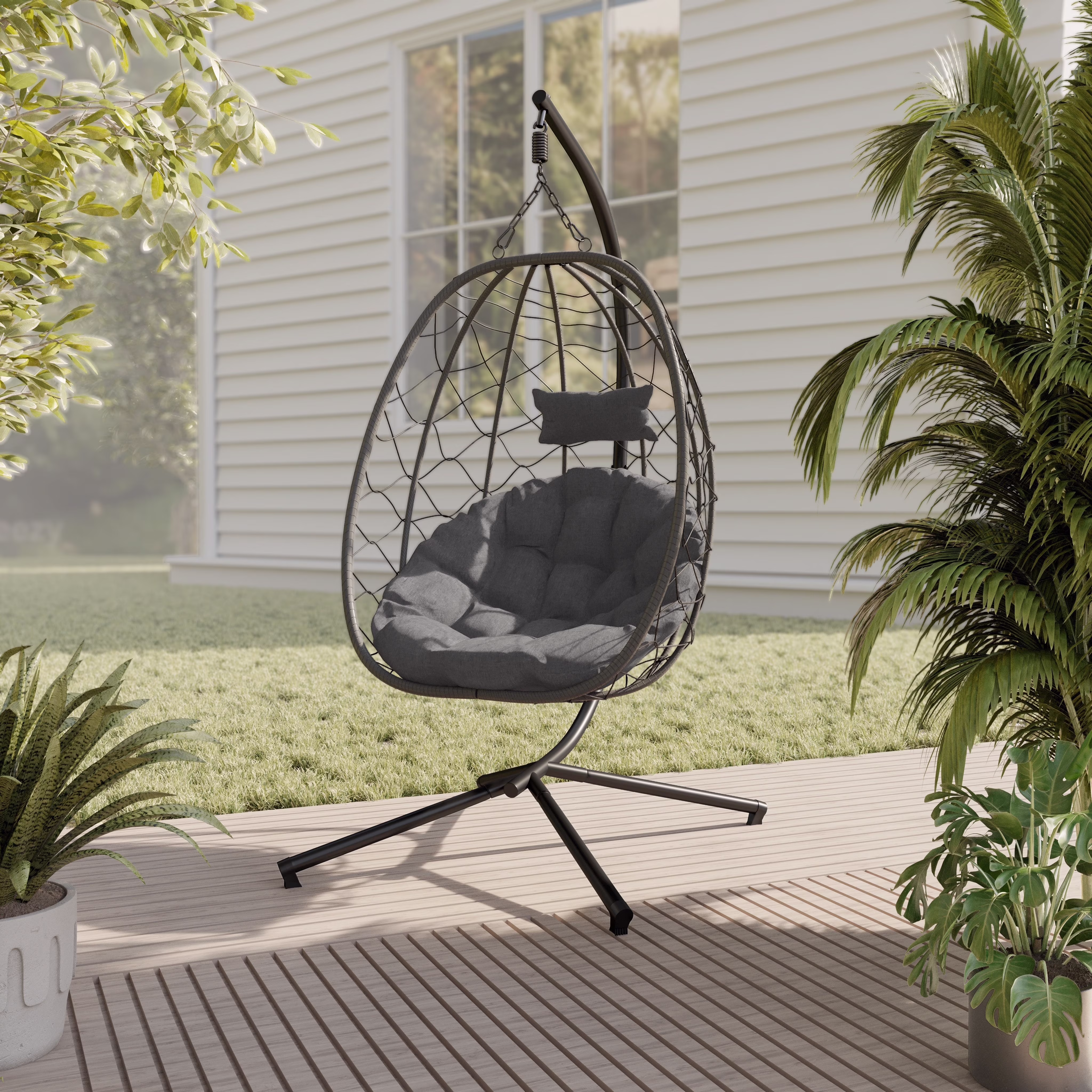 Single Person Egg Swing Chair Powder-Coated Iron Stand in Black and Steel Chains with Removable Cushions Summit Collection in Charcoal(Charcoal)