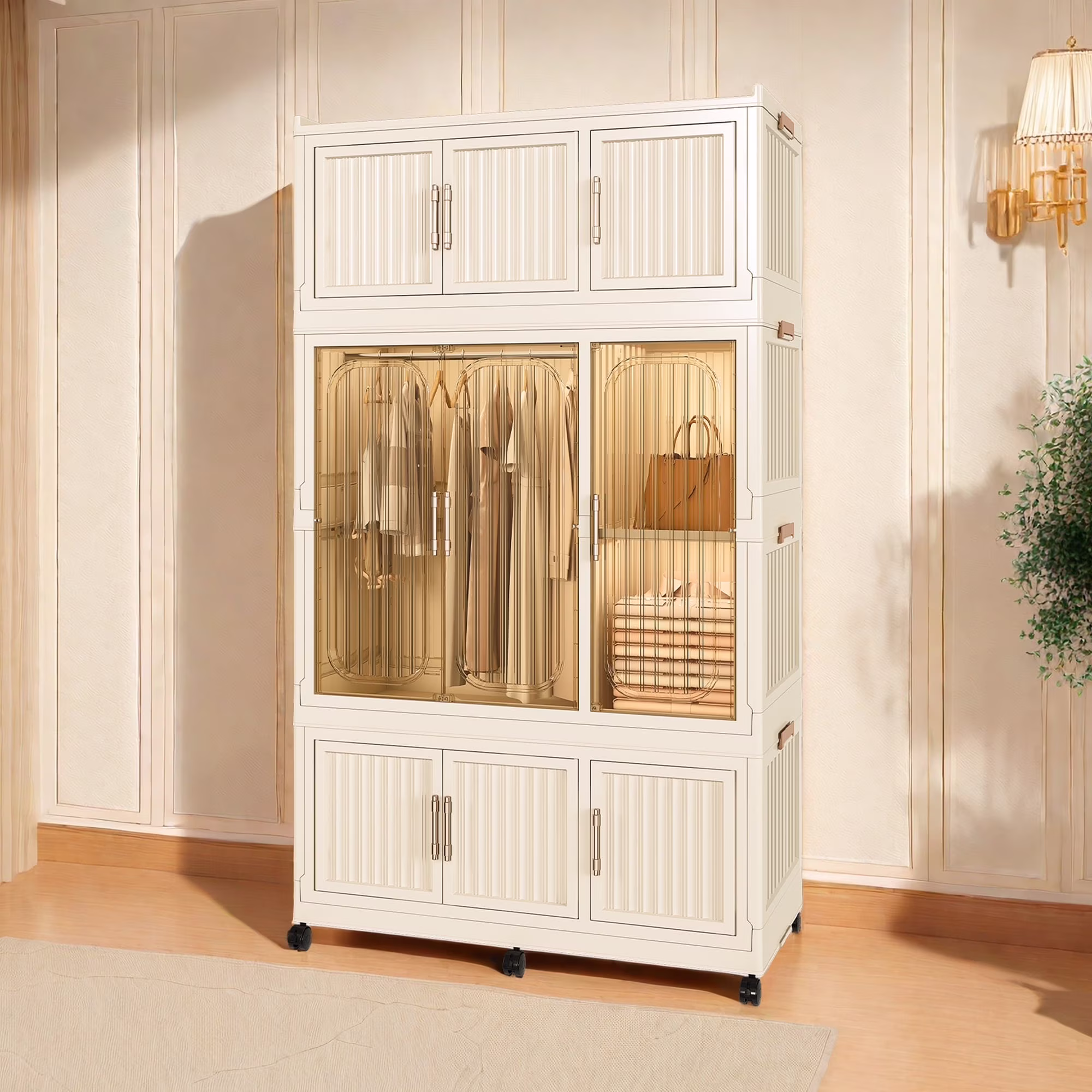 Kids Portable Wardrobe w/ Magnetic Doors Hanging Rod 4-Cube Plastic Storage Cabinet,Nursery/Bedroom(4 Cubes) - Image 7