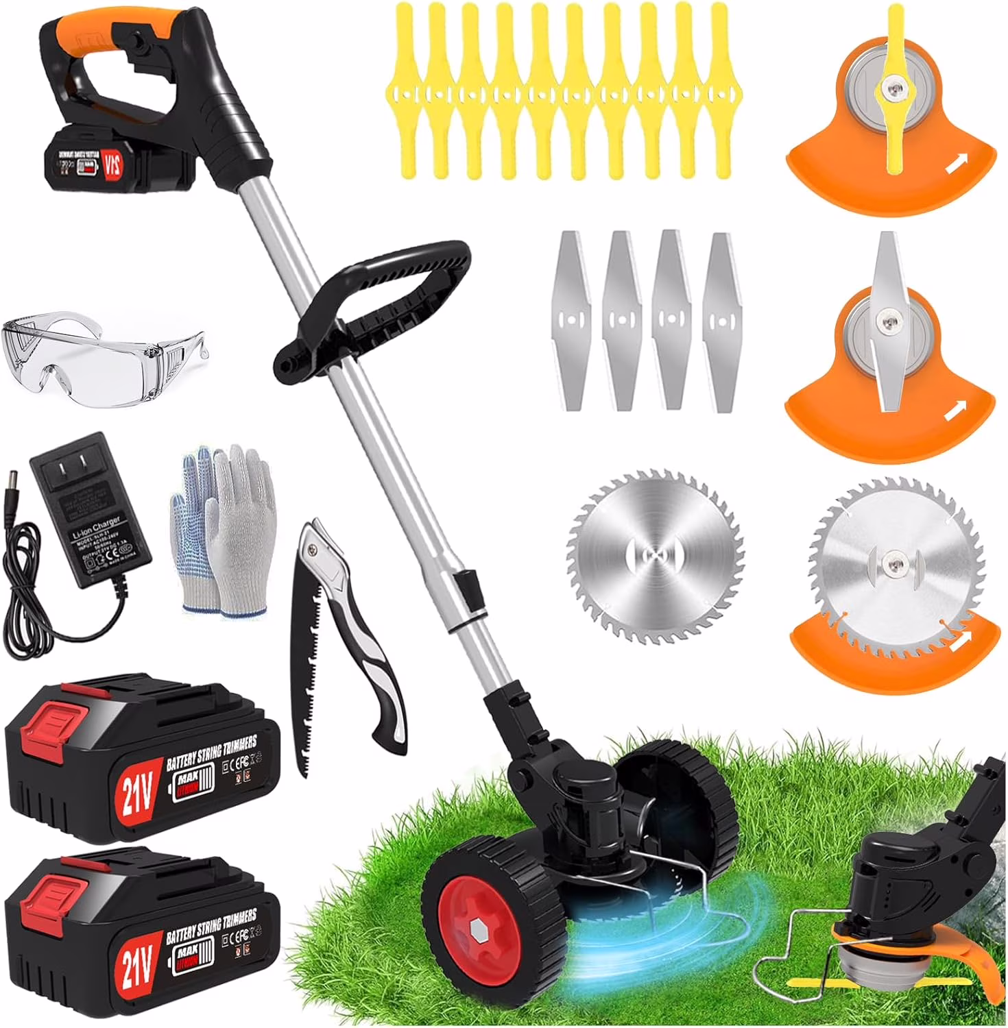 Cordless Electric Trimmer, 21V Grass Edger with Wheels, 3 - in - 1 Metal/Saw/Plastic Blade, Adjustable Height & Noise Reduction, Includes Deluxe Accessories