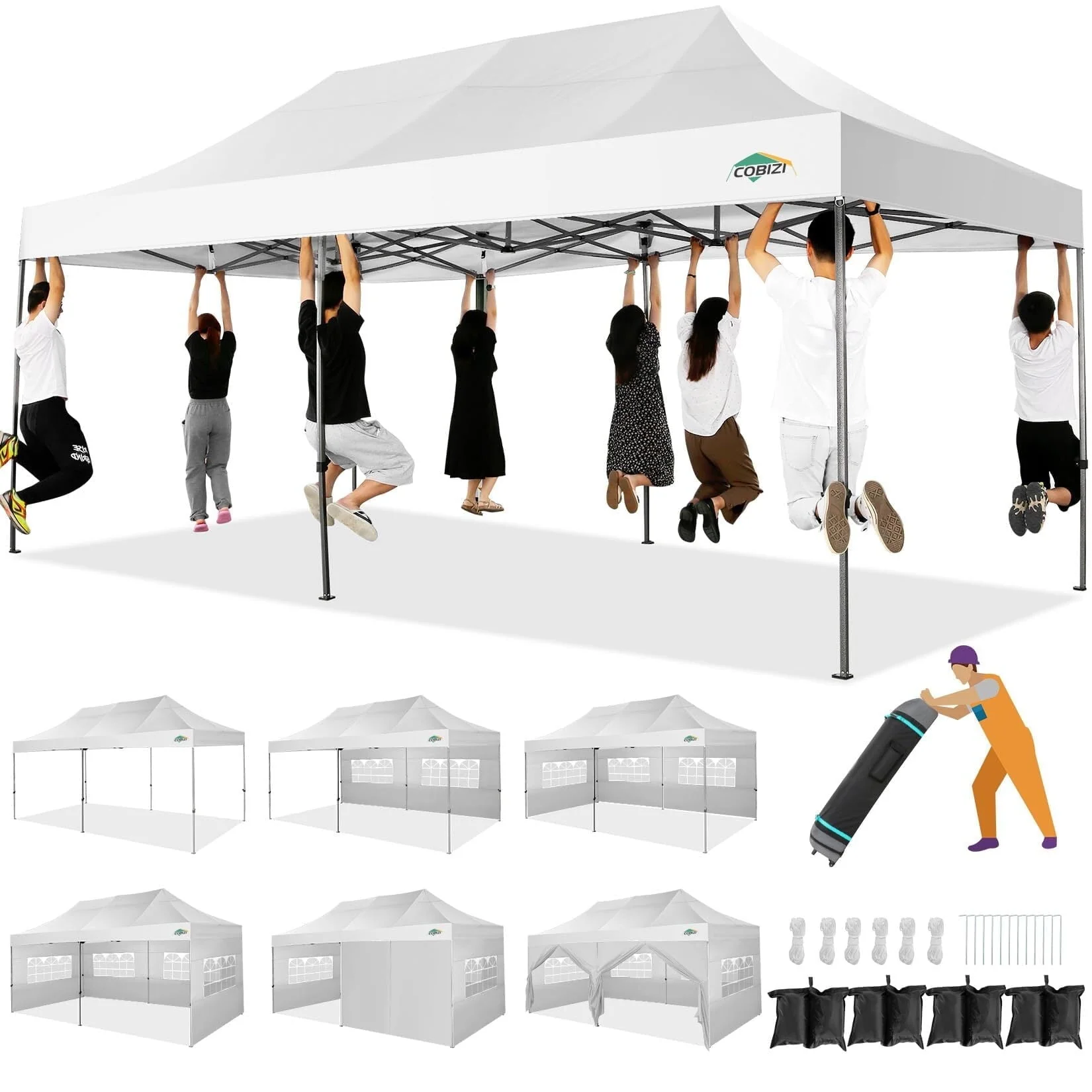 COBIZI 10'X20' Canopy EZ Pop up Canopy Anti - UV Waterproof Outdoor Tent Portable Party Wedding Instant Canopy Shelter All-Season Tent Gazebo with 6 Removable Sidewalls, 4 Sandbags, Roller Bag, White
