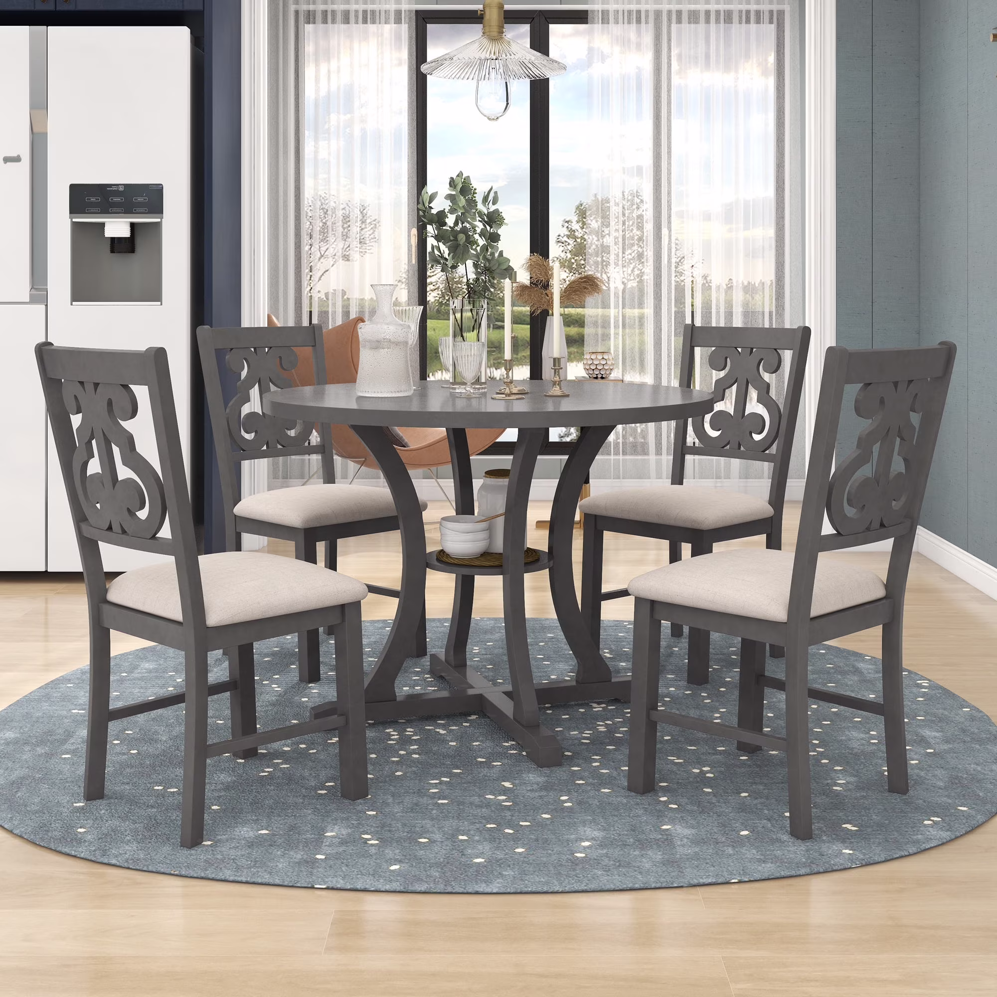 5 Pieces Wooden Round Dining Table and Chair Set with Special-shaped Legs and an Exquisitely Designed Hollow Chair Back for Dining Room(# 3:Gray (Round))