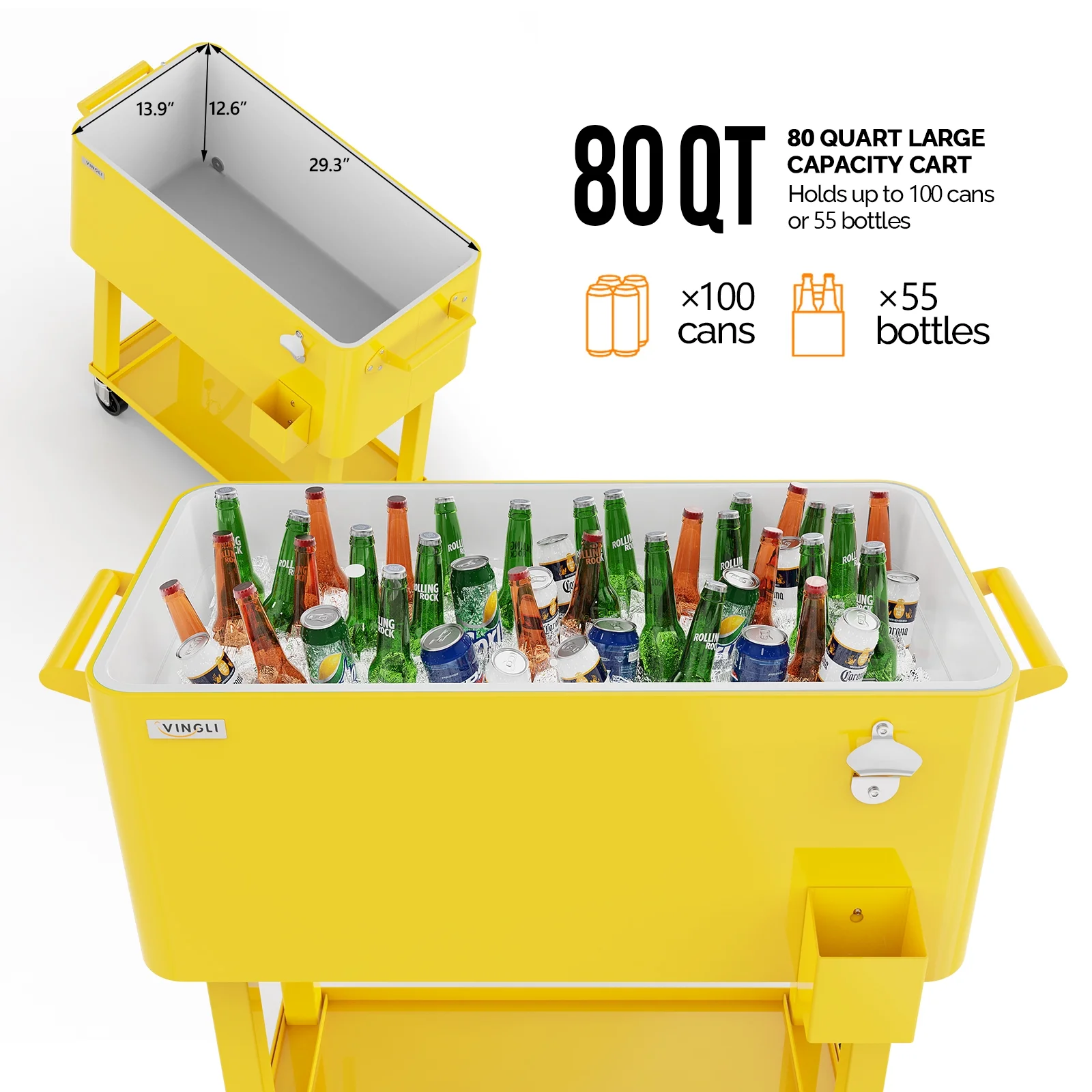 80 Qt Rolling Ice Chest Cooler Cart Outdoor Trolley with Storage Shelf, Bottle Opener Cap Collector for 48 Hour Cold Drinks,Lemon Yellow(Lemon Yellow) - Image 6