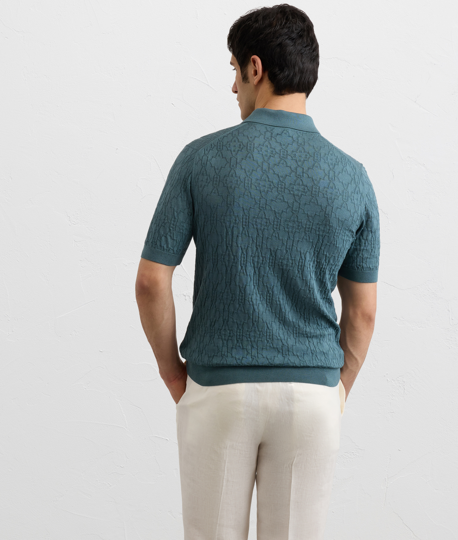 TEAL BLUE SILK AND COTTON KNITTED SHORT SLEEVED POLO SHIRT WITH GEOMETRIC PATTERN
