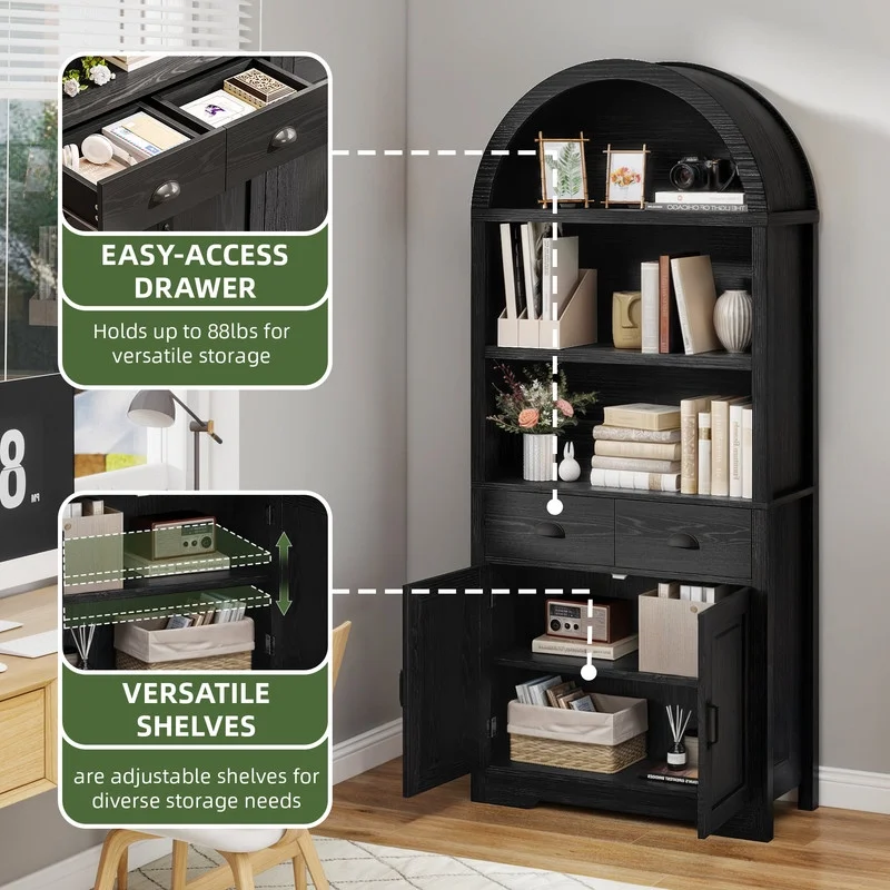 71 " Tall Bookshelf with Storage, Wooden Arched Bookcase with 2 Drawers and Shelves for Living Room, Black - Image 5