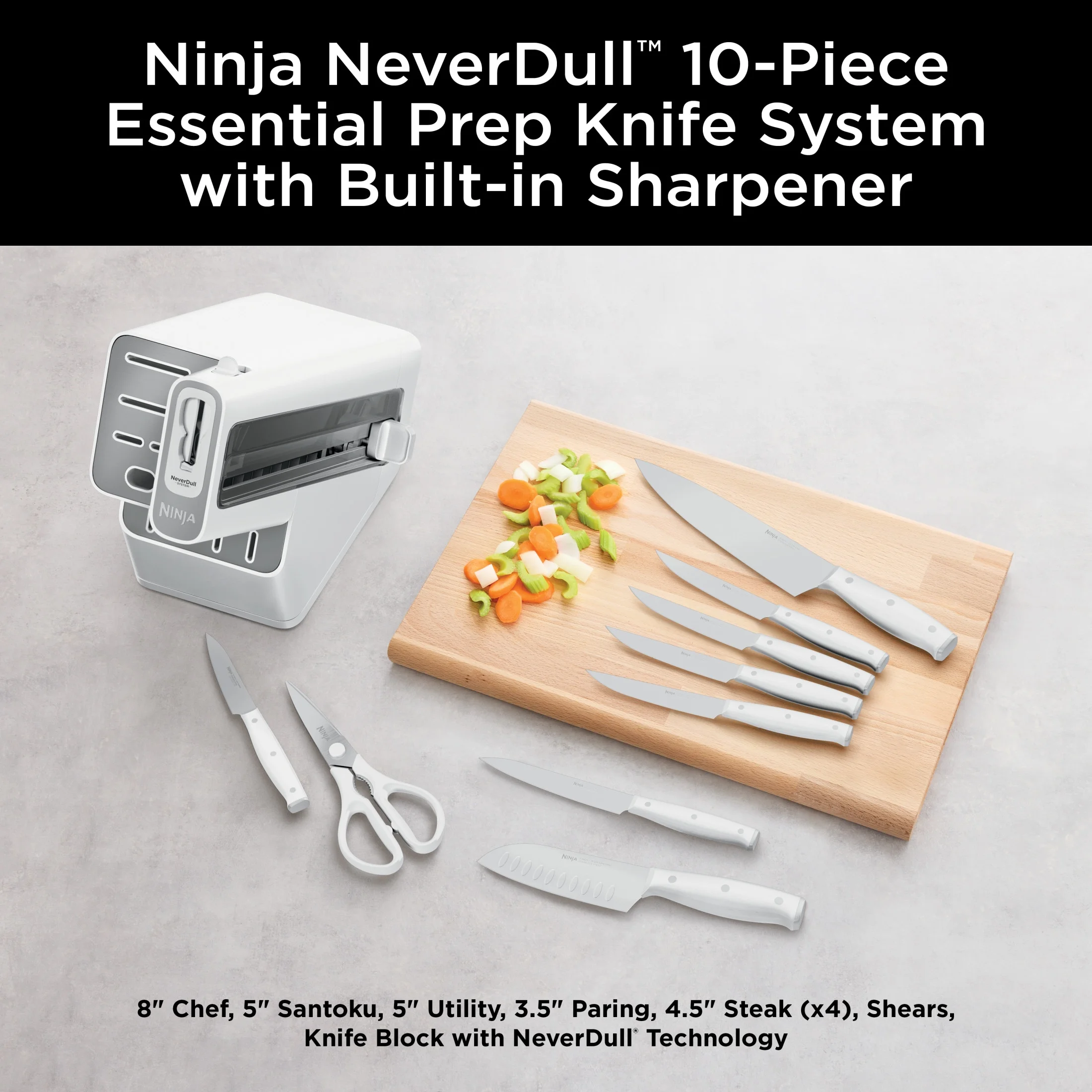 Ninja Foodi Neverdull 10 - Piece Stainless Steel Essential Knife System with Sharpener, K12010 Black/Gray