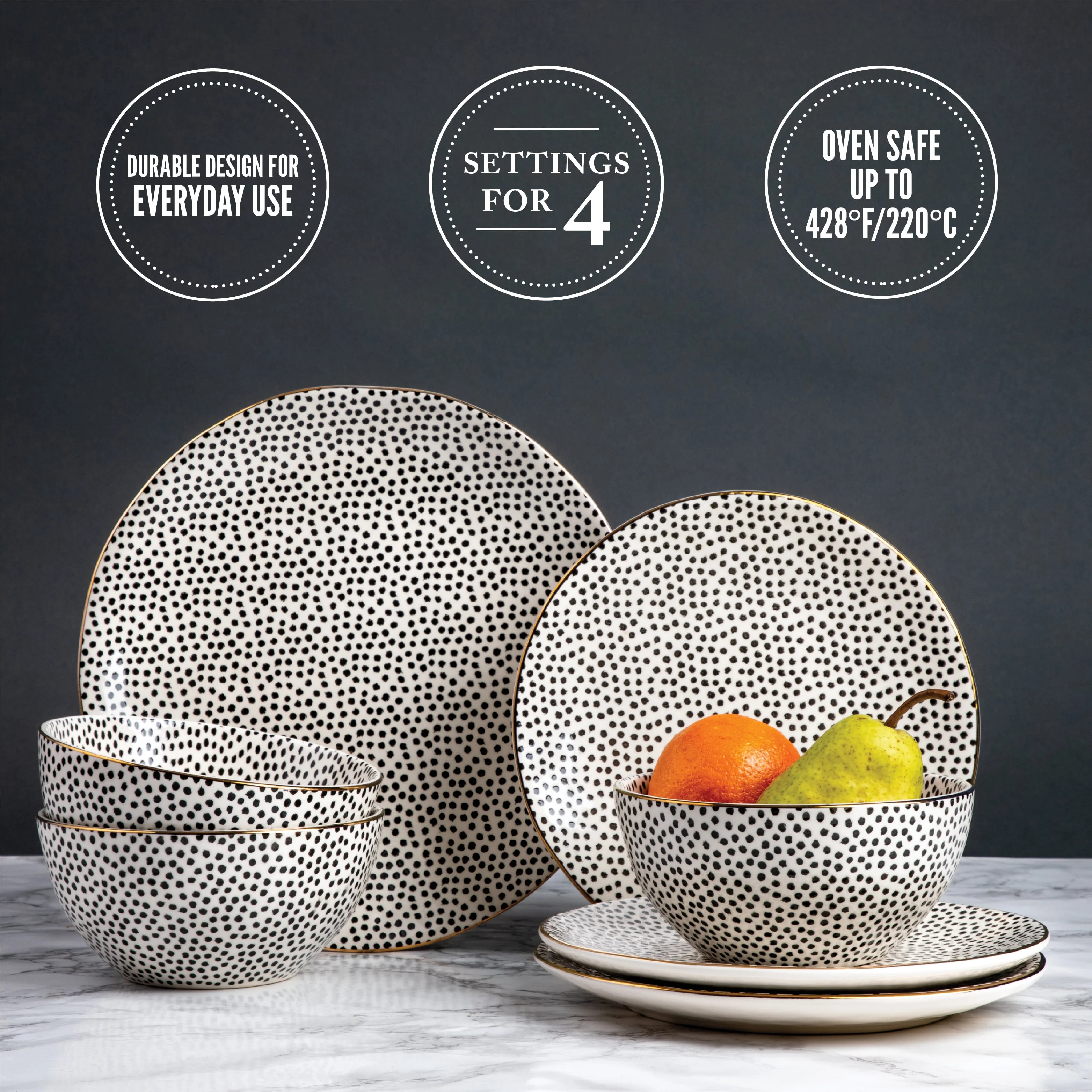 Table Dinnerware Black White Dot Stoneware, 12 Piece Set(black) Image 5