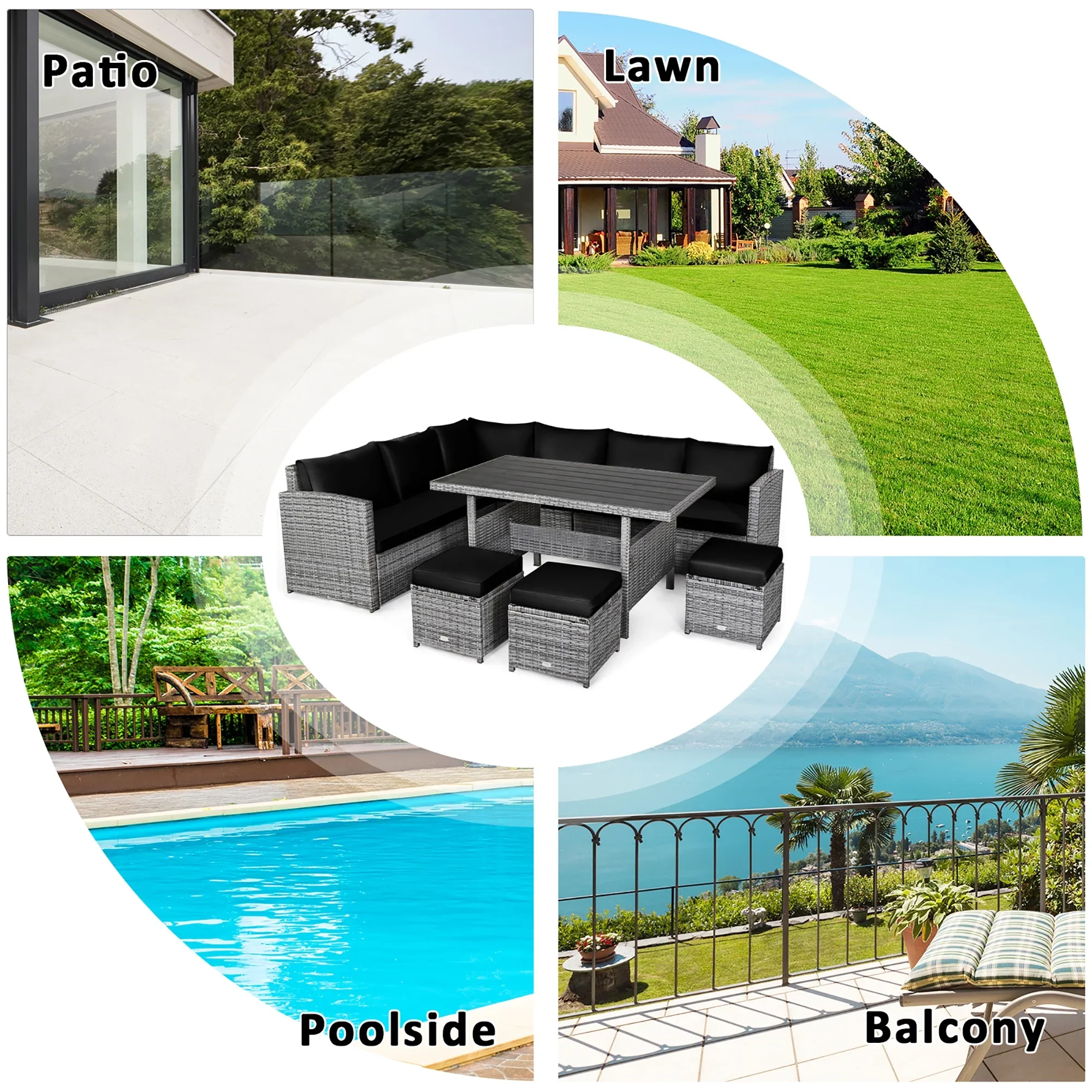 Costway 7 PCS Patio Rattan Dining Set Sectional Sofa Couch Ottoman Garden Red