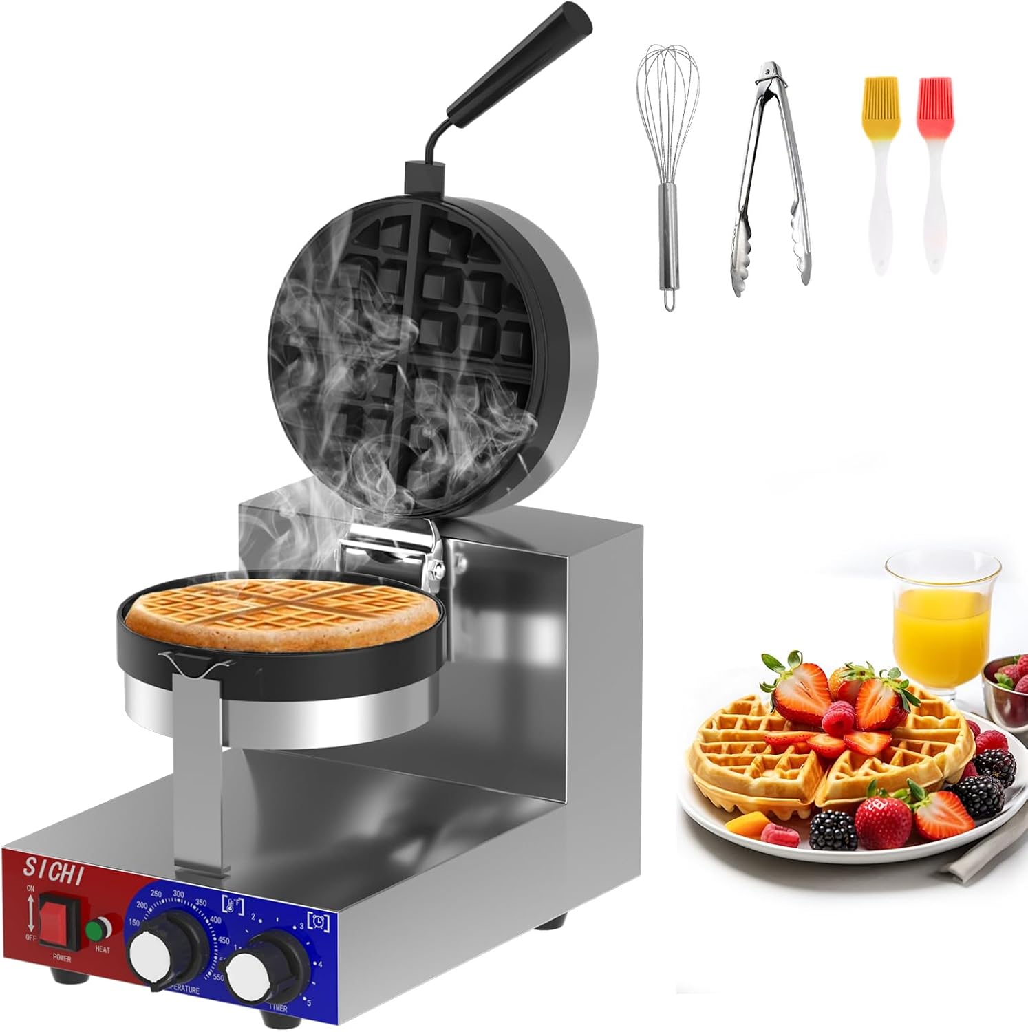 Commercial Waffle Maker - Belgian Waffle Maker w/Non-stick Baking Pan and 550℉ Heating, 1200W Rotating Waffle Iron for 1.2