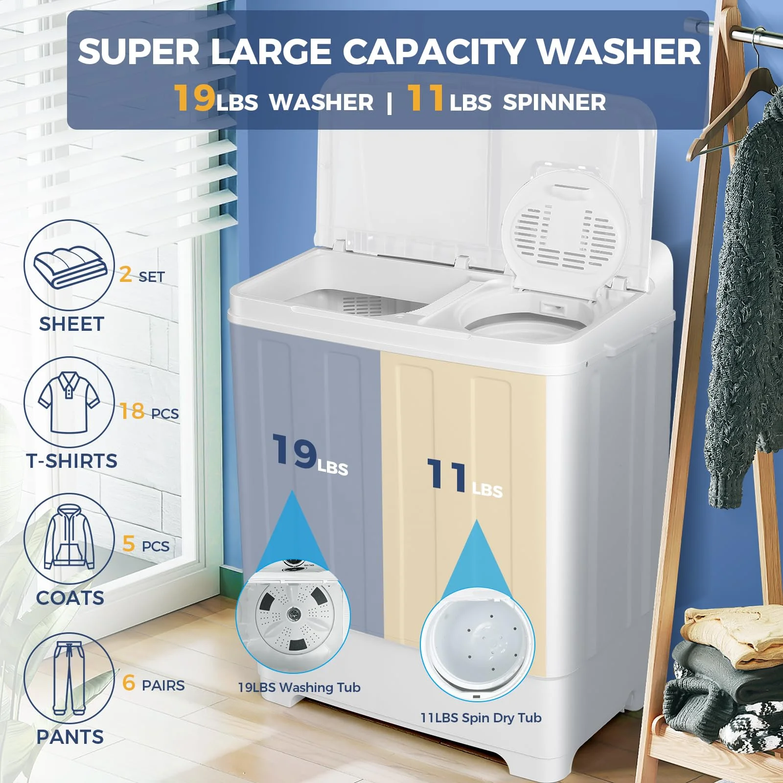 Portable Washing Machine, 30LBS Twin Tub Mini Compact Laundry 19lbs Washer/11lbs Spinner with Drain Pump Time Control Washer Spinner Combo, White(30LBS White) Image 2