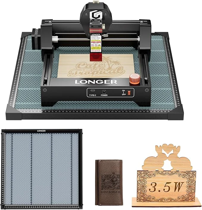 Graveur laser LONGER RAY5 Mini 3,5 W avec plateau alvéolé de 15,7 x 15,7 cm, découpe haute vitesse de 12 000 mm/min pour bois, métal, acrylique et cuir, zone de gravure de 130 x 140 mm, Wi-Fi et arrêt d'urgence.