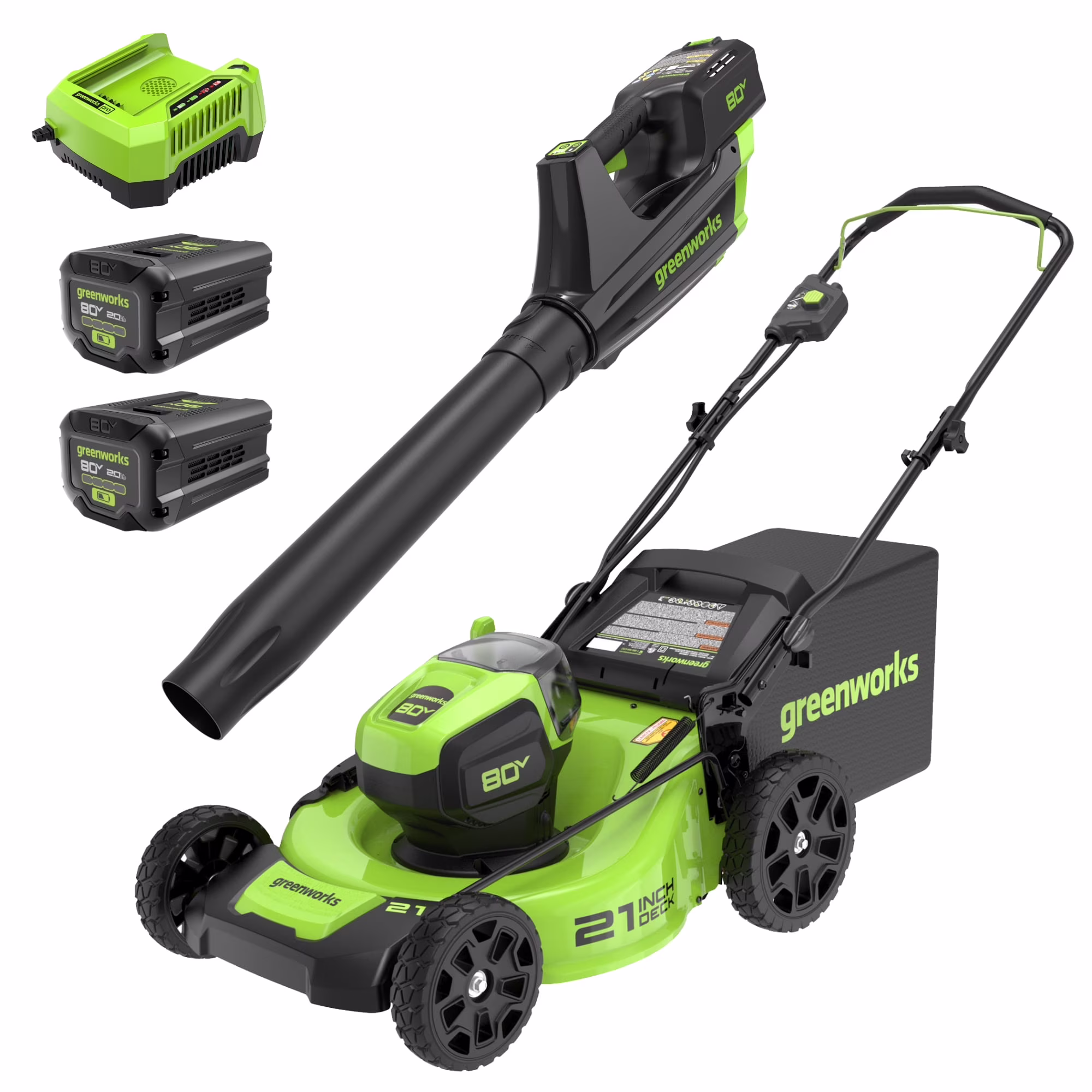 80V 21" Brushless Push Cordless Electric Lawn Mower + 500 CFM Axial Leaf Blower, With Two 2.0Ah Batteries and 30 Minute Rapid Charger