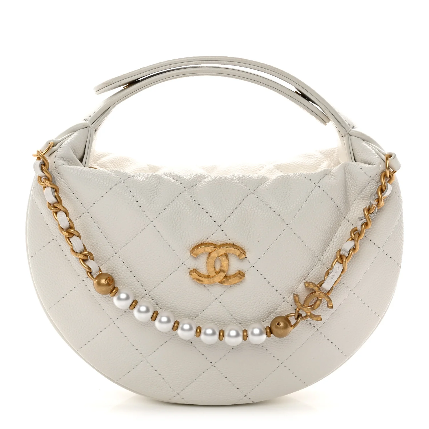 Caviar Quilted Pearl Chain Pouch Hobo White