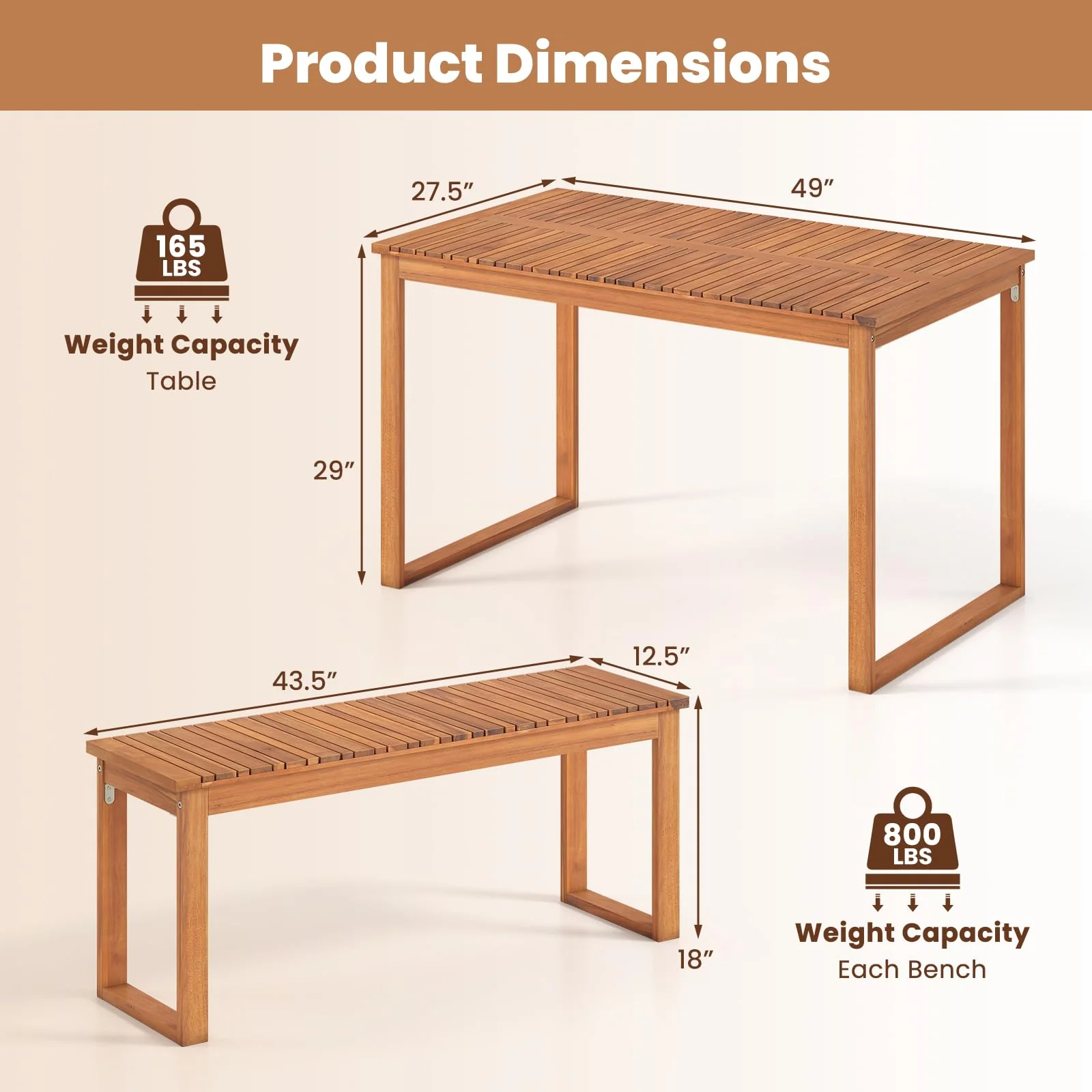 Tangkula 3 Pieces Acacia Wood Picnic Set with Outdoor Dining Table and 2 Benches for 4 People