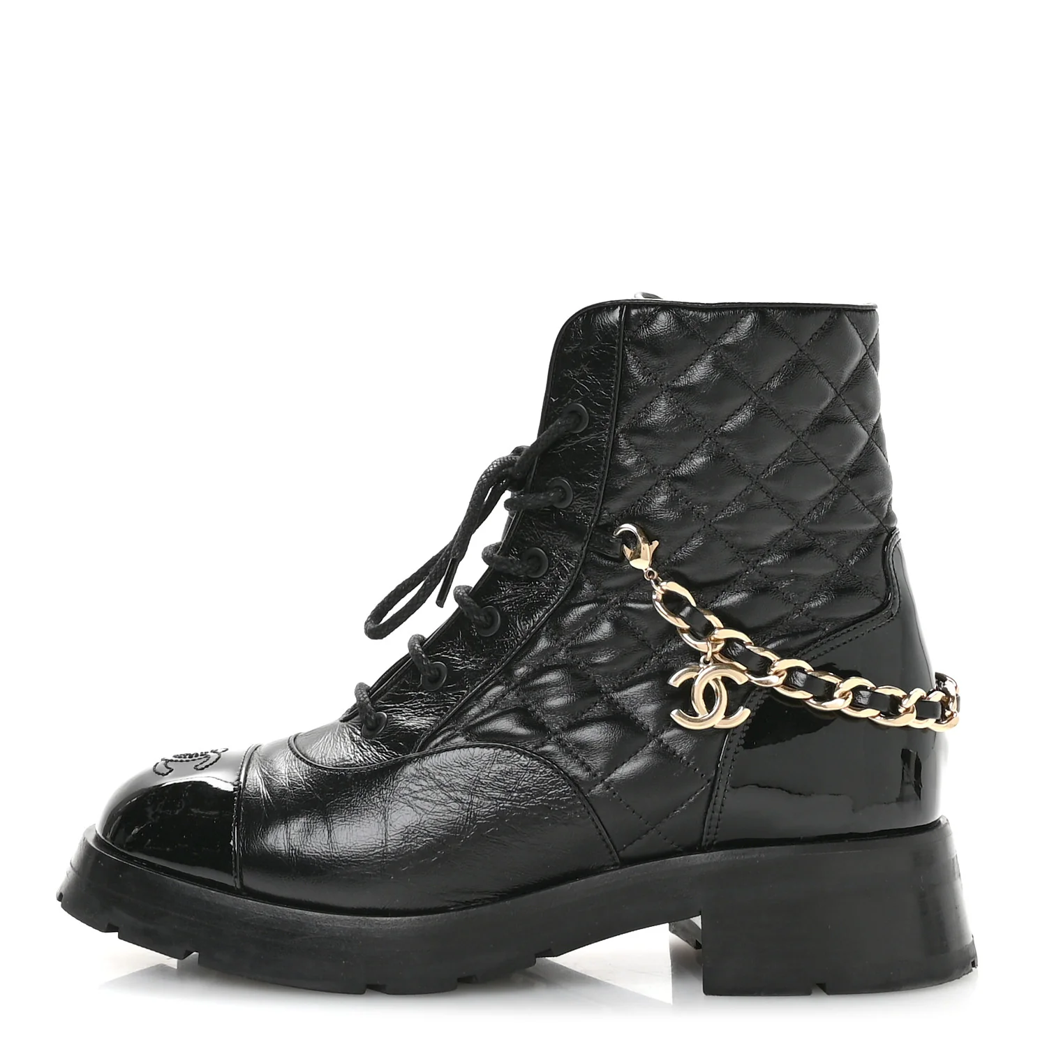 Shiny Calfskin Patent Quilted Chain Lace Up Combat Boots 40 Black