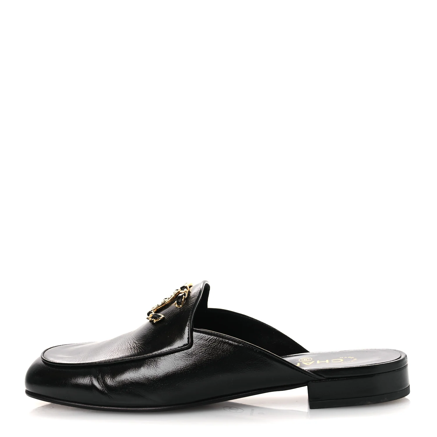 Shiny Calfskin Crystal CC Mules 41 Black