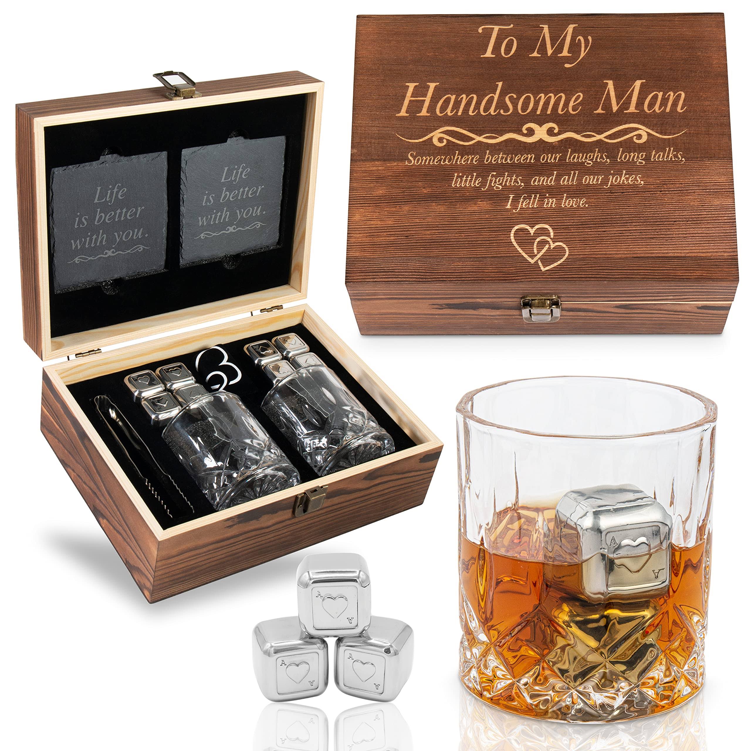 Greencor AnniversaryGifts for Him | Boyfriend | Fiance | Men | Husband - Whiskey Glass Set Engraved 'To My Handsome Man Gifts for Birthday | Christmas