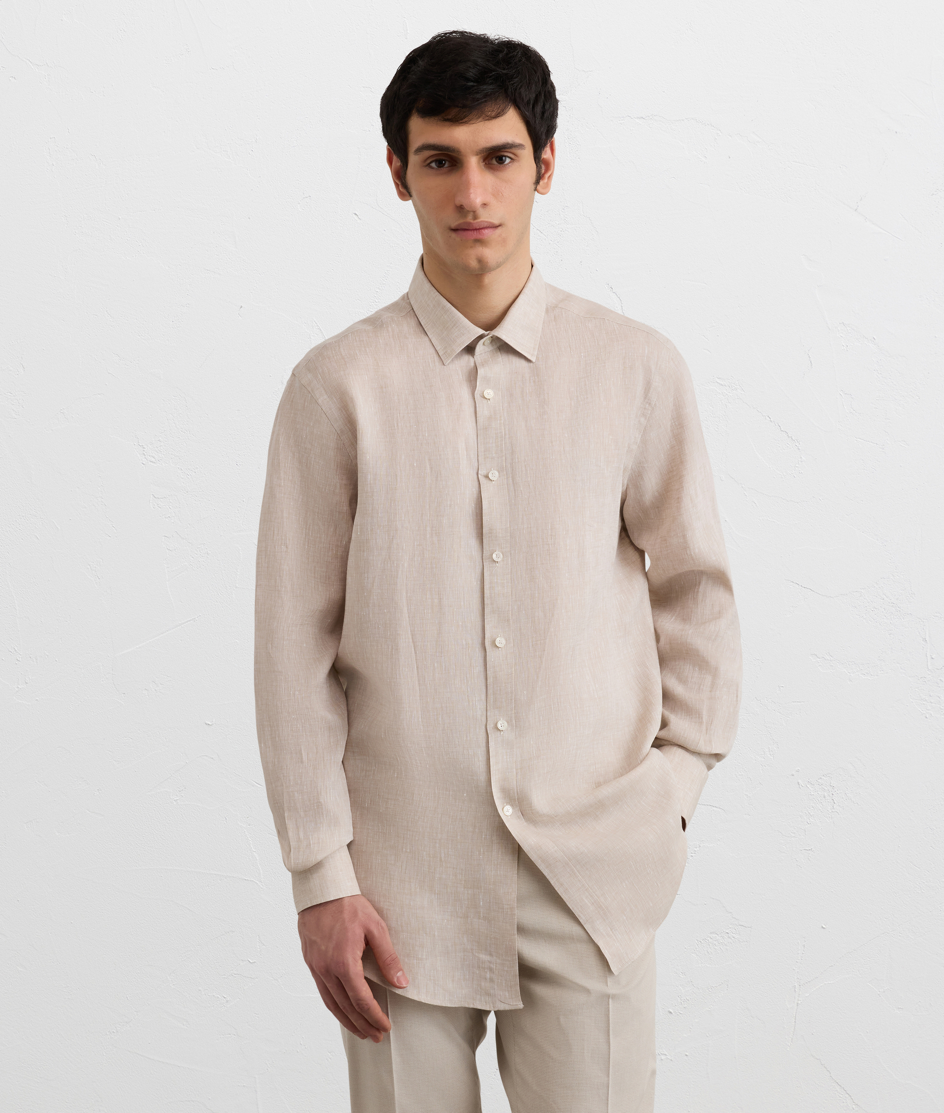 NATURAL COLORED LINEN SHIRT WITH SMALL BOLOGNA COLLAR