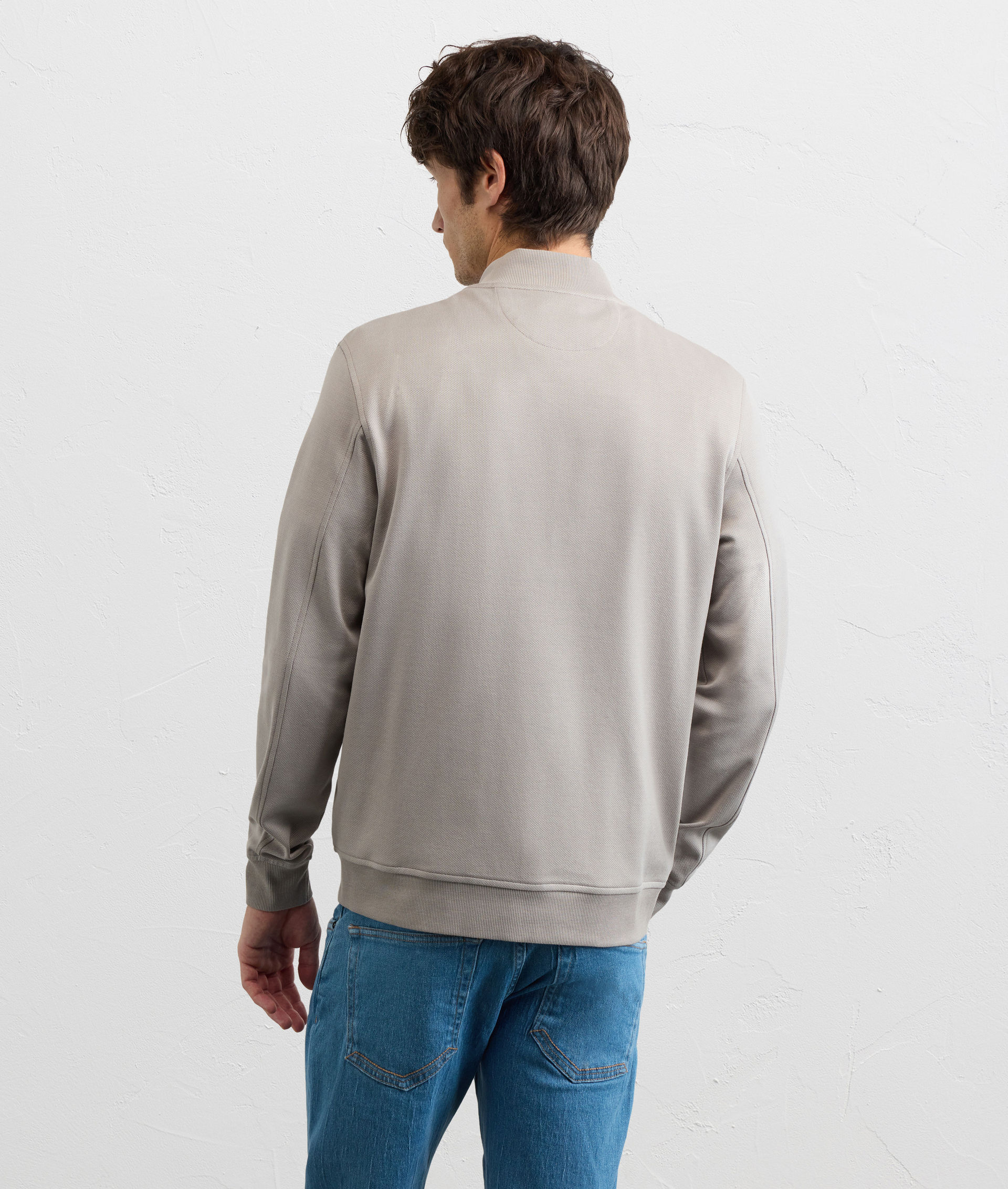 LIGHT GREY JACQUARD COTTON BOMBER SWEATSHIRT WITH ZIP AND TWO TONE PATTERN