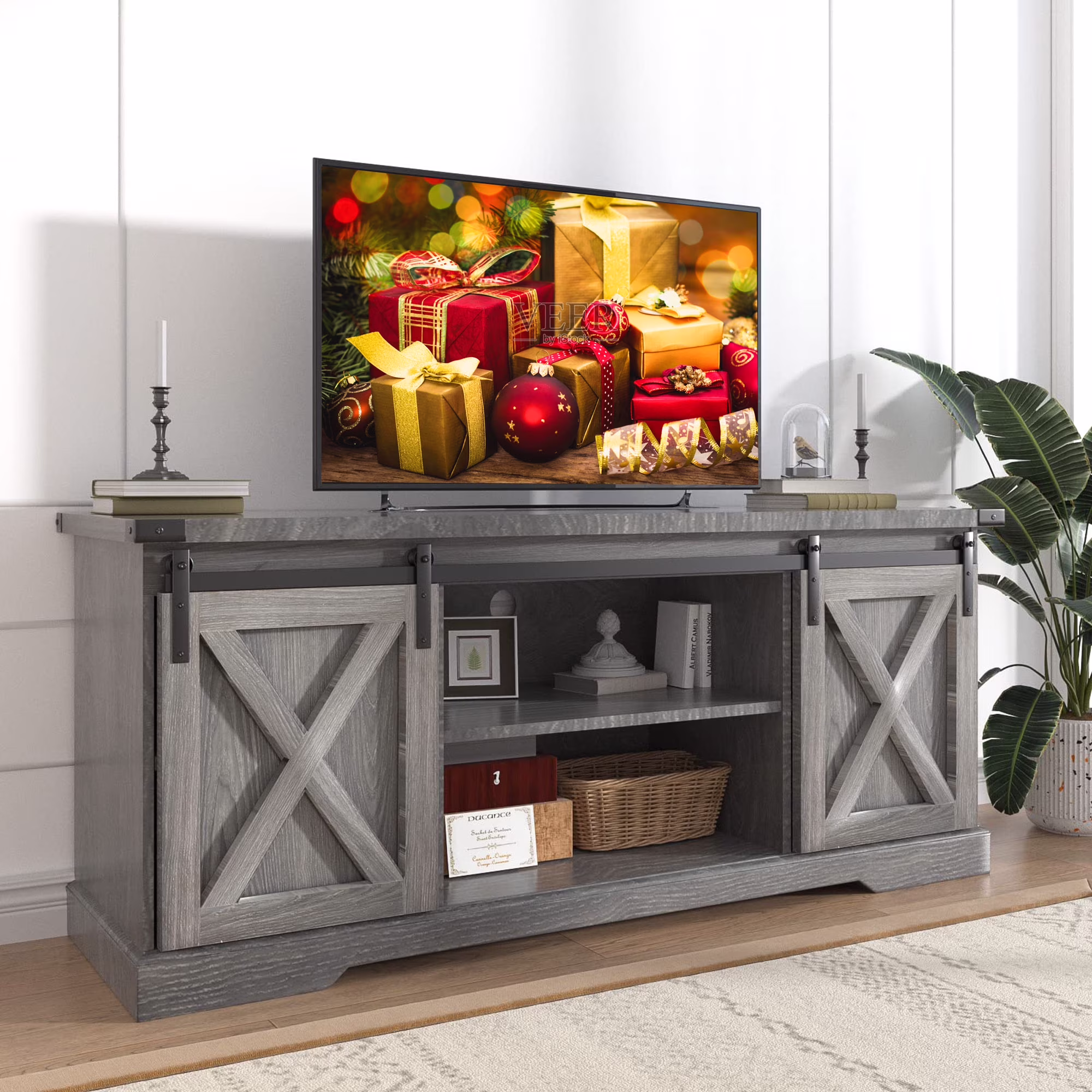 Chvans Farmhouse Barn Door TV Stand for up to 65