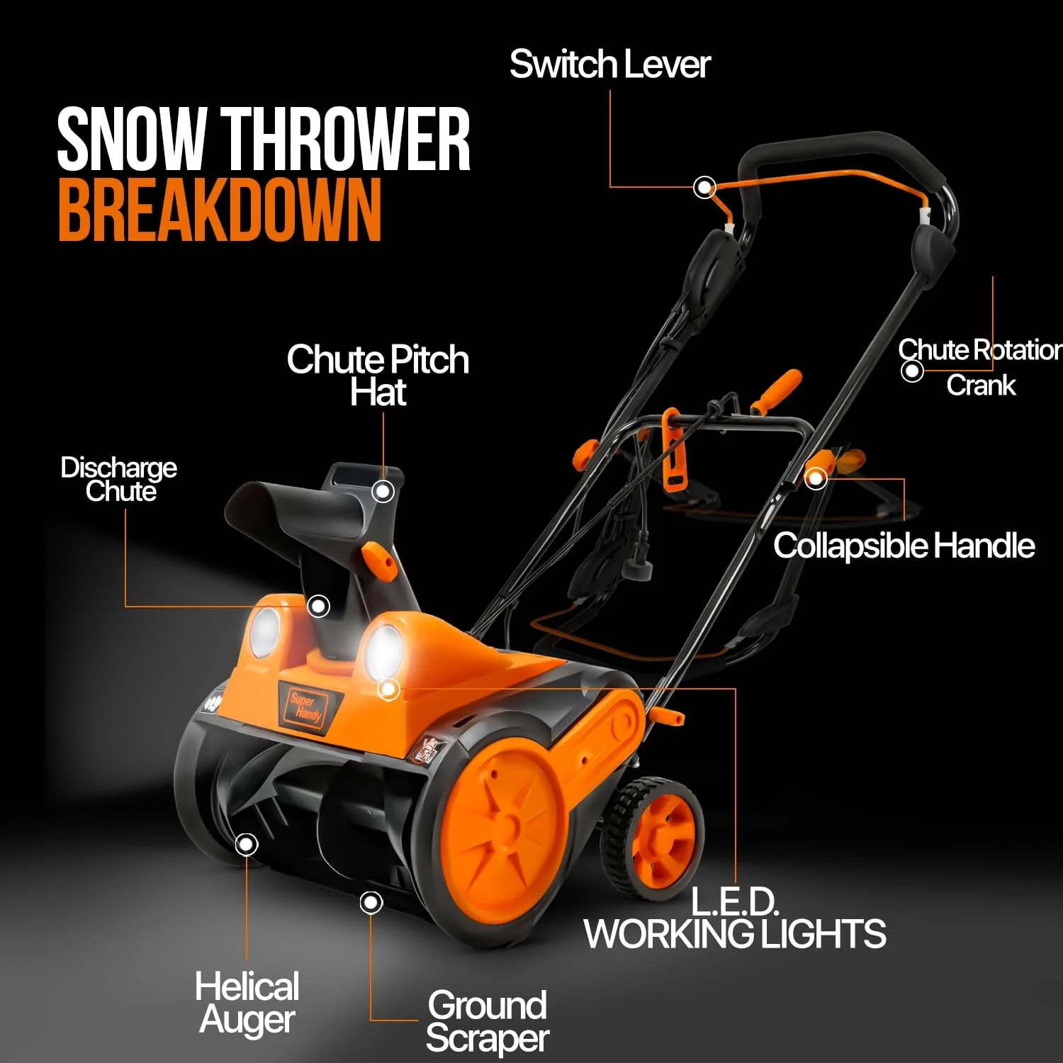 Electric Snow Blower: 18x10 Inch Path, 720 lbs/min, 25ft Throw, LED Lights Corded AC 120V 15A for Driveways, Paths, and Yards Image 5