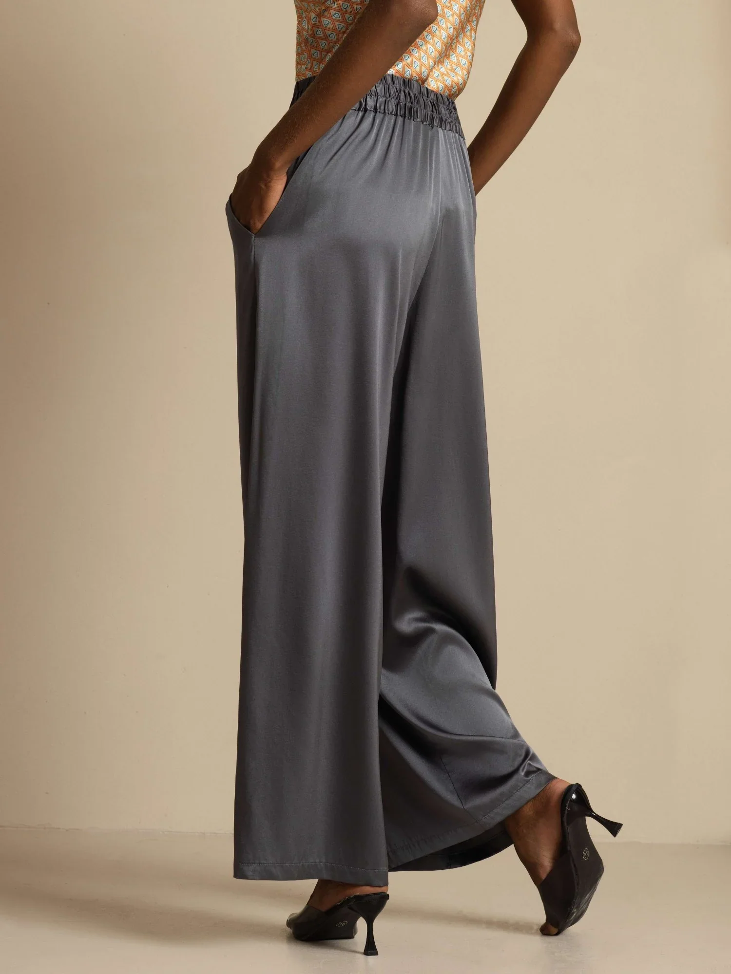 19Momme Silk Women’s High-Waist Wide Leg Pants with Shirred Drawstring Waist