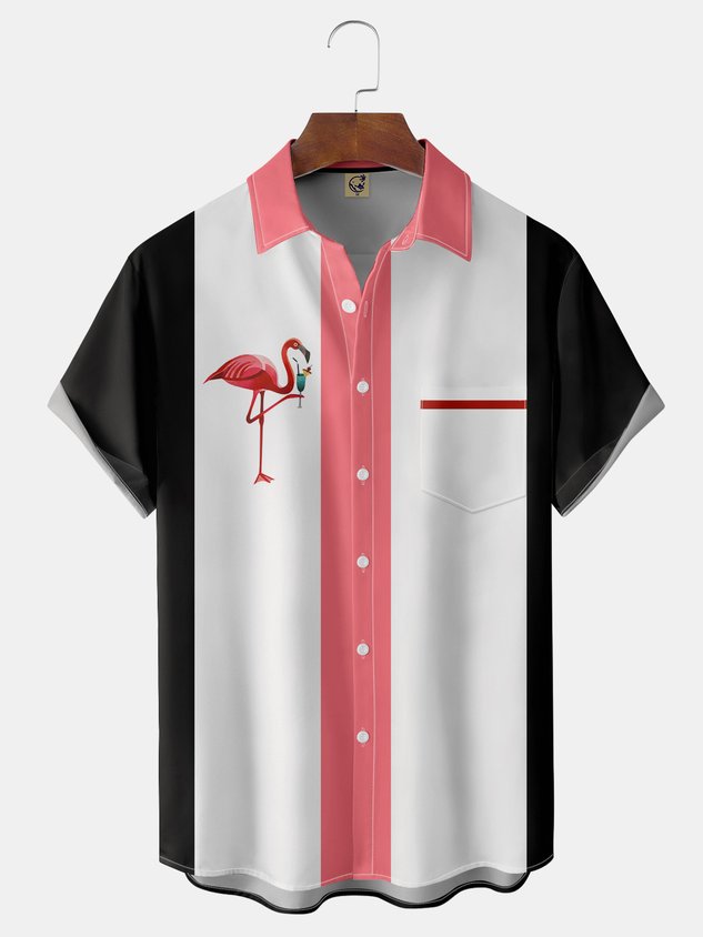 Chemise de bowling à manches courtes avec poche poitrine flamant rose