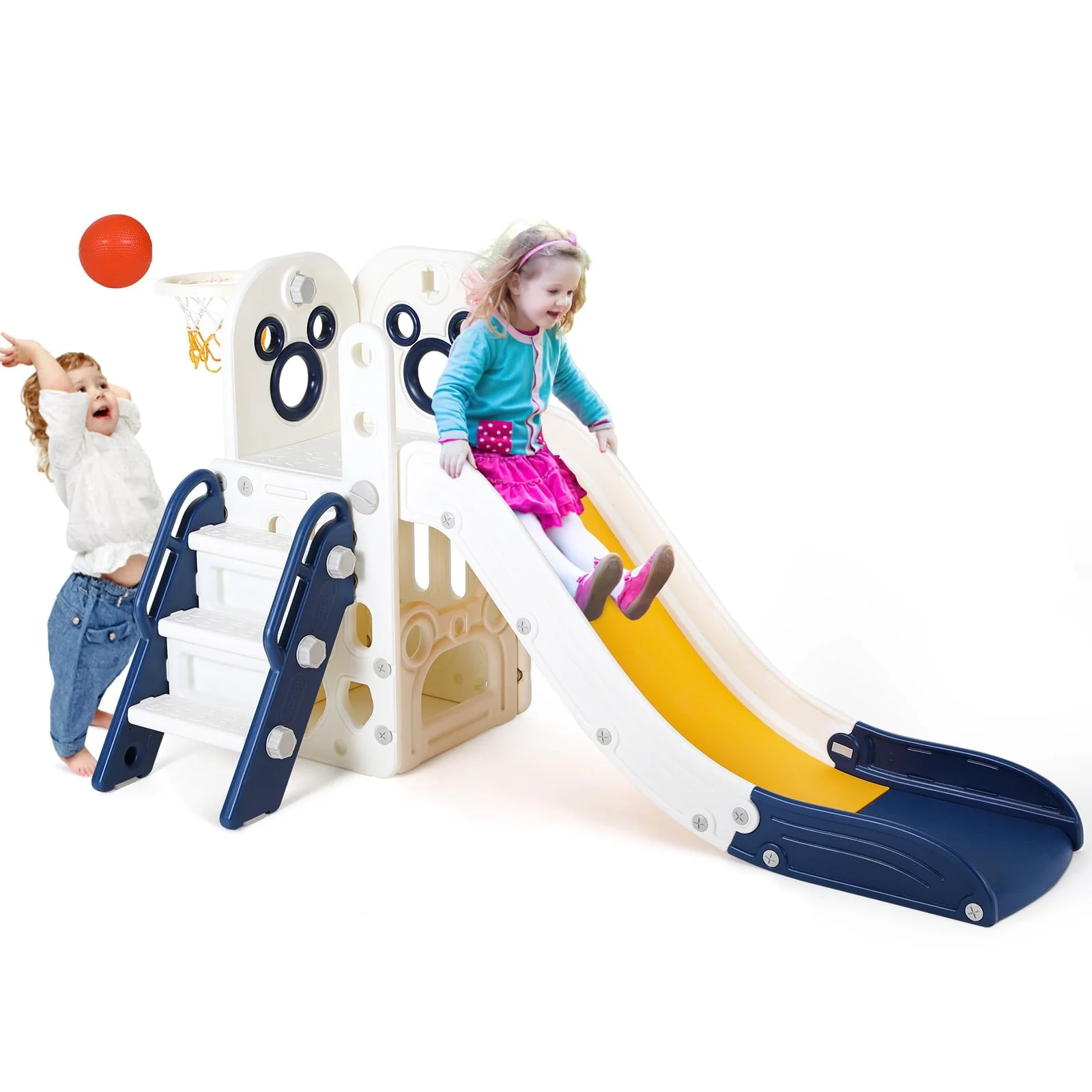 Arlopu Sturdy Toddler Slide with Basketball Hoop Plastic Kids Slide Climber with Anti - Slip Steps Indoor Outdoor Children Toy Playground