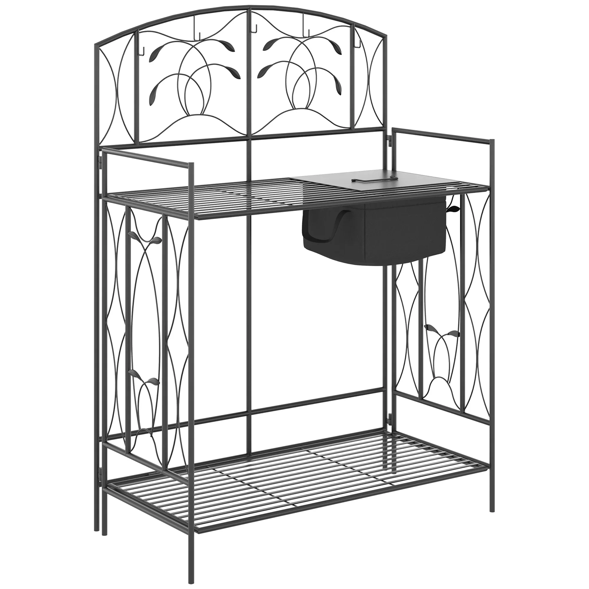 Outsunny Folding Potting Bench Table, Metal Garden Workstation, Work Bench with Large Built-in Bag with Cover, 5 Hanging Hooks & Storage Shelf,