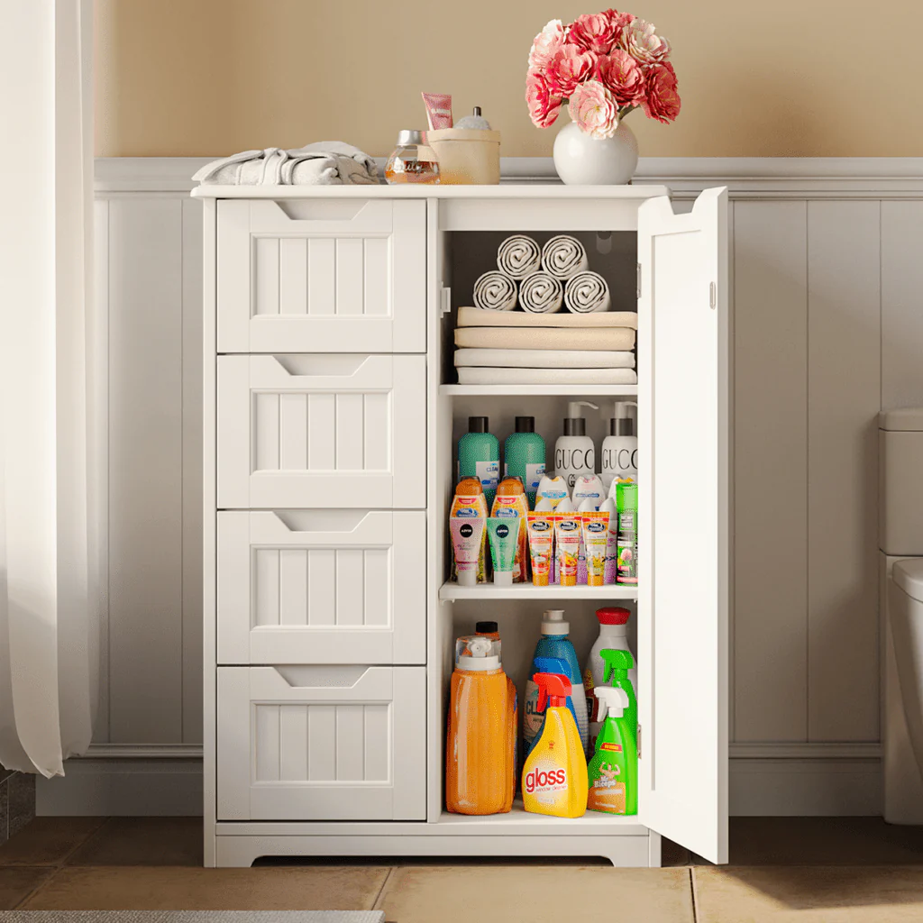 33 5 "H Wooden Bathroom Floor Cabinet with 4 Drawers and 1 Door for Bathroom, Kitchen, Bedroom White Image 8