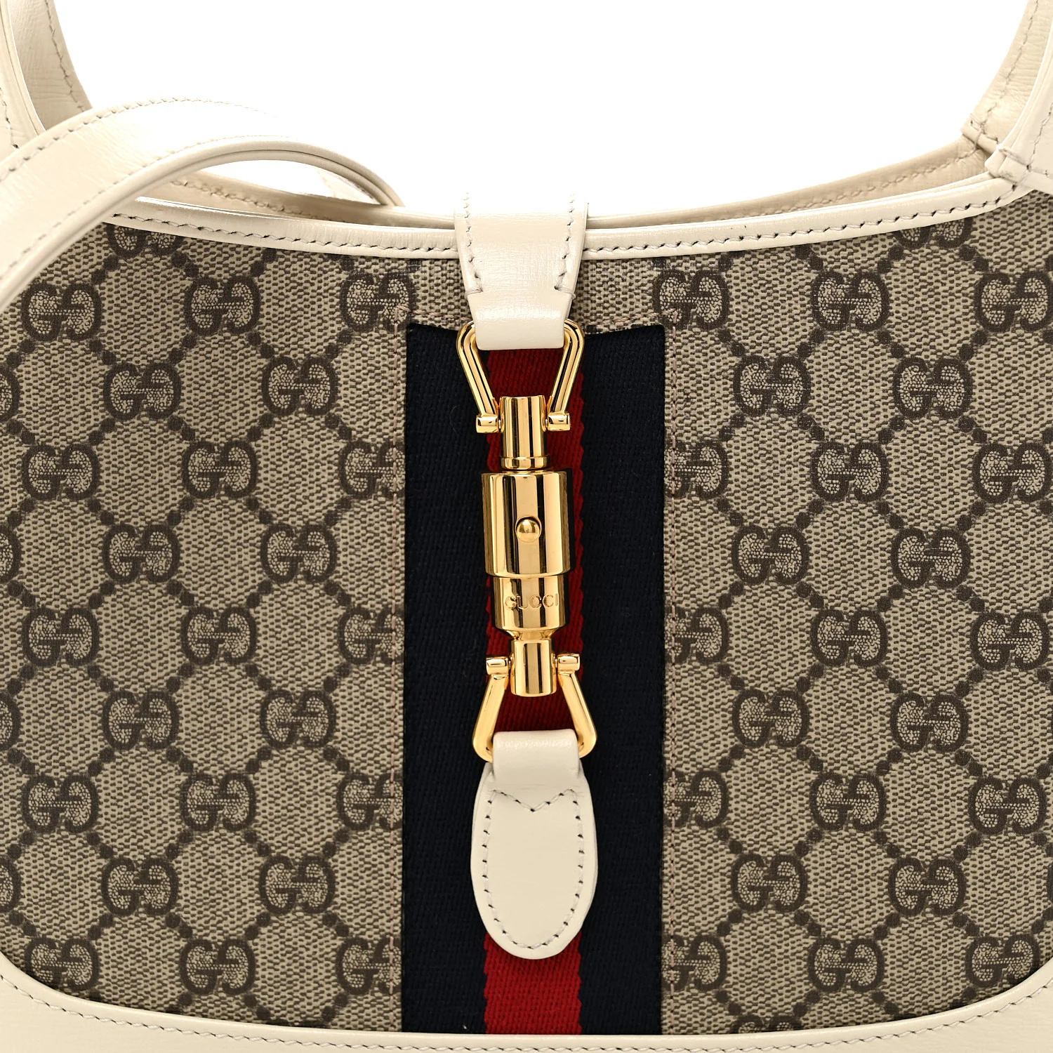 GG Supreme Monogram Azalea Calfskin Web Small Jackie 1961 Hobo Beige Ebony Mystic White