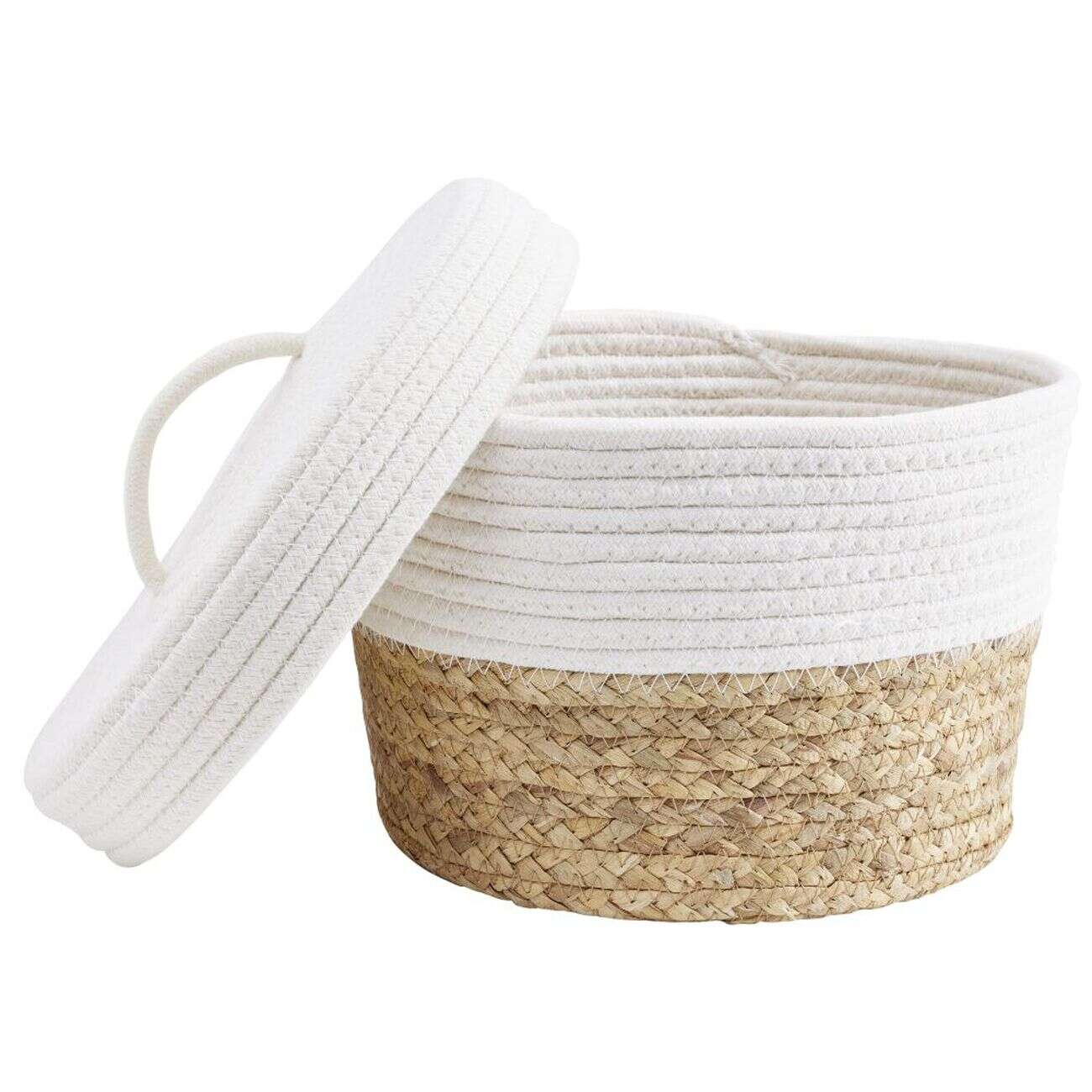 Panière avec couvercle coton jute blanc et naturel grand modèle Ø27xH18cm