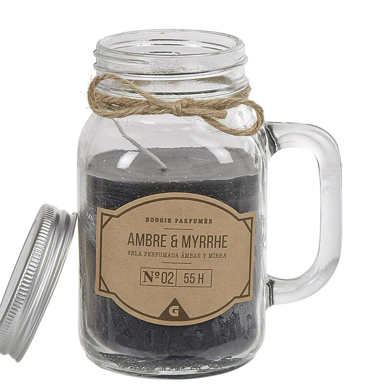 Bougie noire dans mug en verre avec couvercle senteur myrrhe ambre