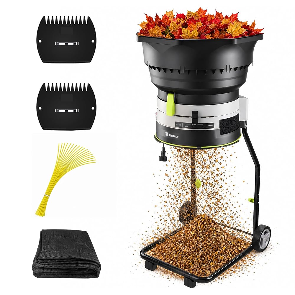 Electric Leaf Mulcher/Shredder: DEKOPRO 15-Amp 8200RPM Motor for 17:1 Reduction Ratio, Adjustable Control Dia with Leaf Scoops Spade, Collection Bag & 20 Cutting Lines