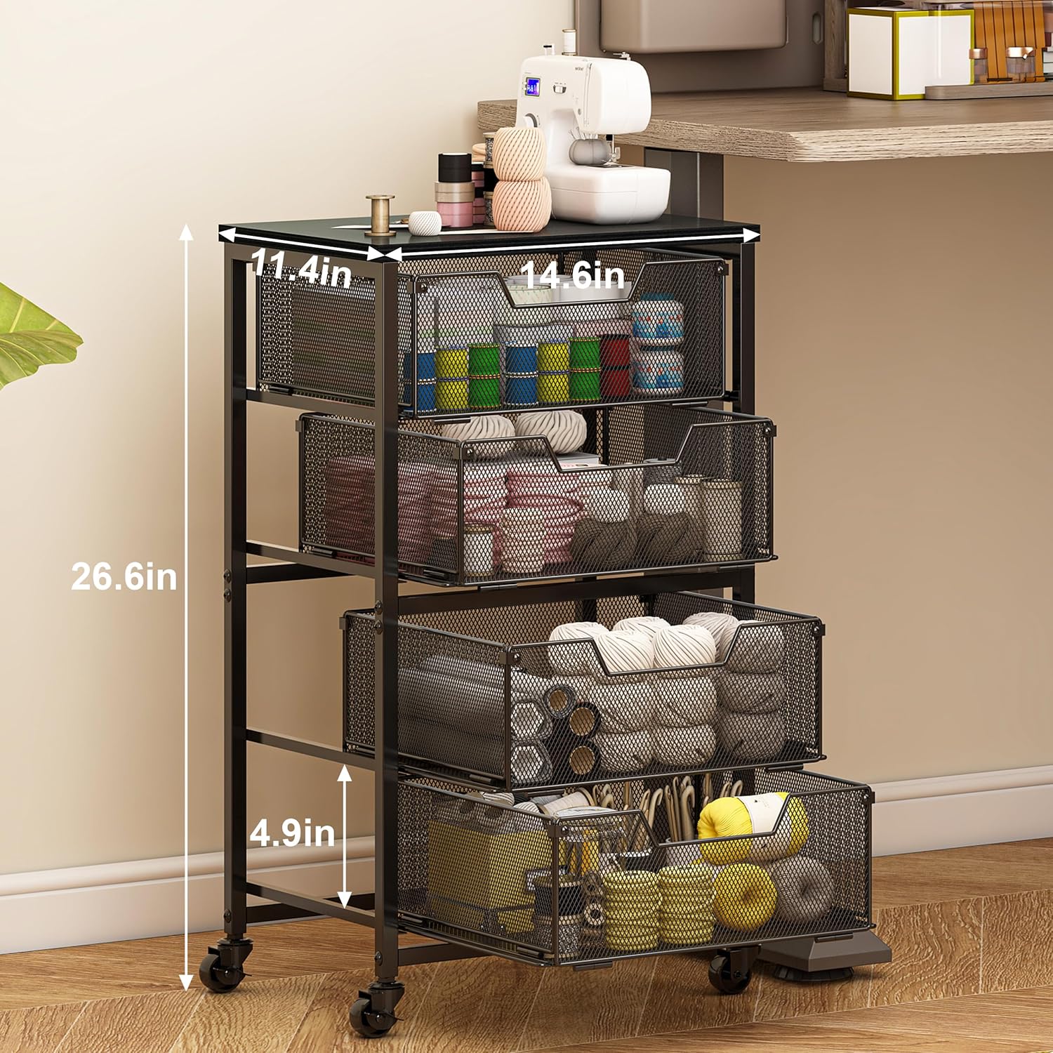 Rolling Cart with Drawers, 4-Drawer Storage Cart on Wheels with Wooden Top, Metal Utility Cart with Storage Drawers, Craft Storage Art Cart for Classroom, Office, Kitchen, Bedroom, Patent Pending