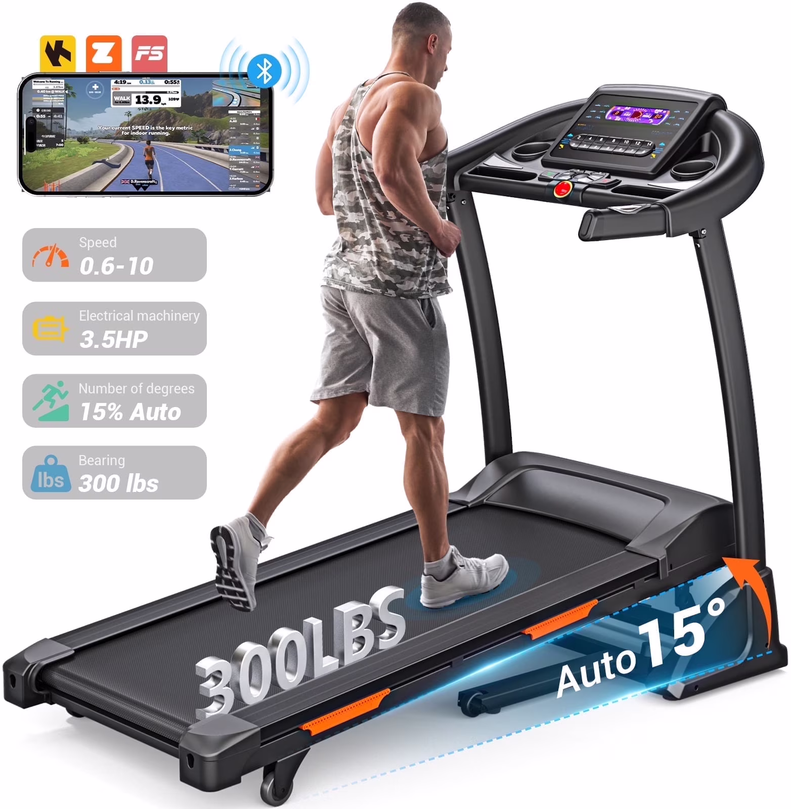 3.5HP Folding Treadmill, 300lb Capacity, 15 Levels Auto Incline Treadmills for Home Running and Walking Max 10MPH Speed Foldable EleTreadmill Running Machine with APP Bluetooth