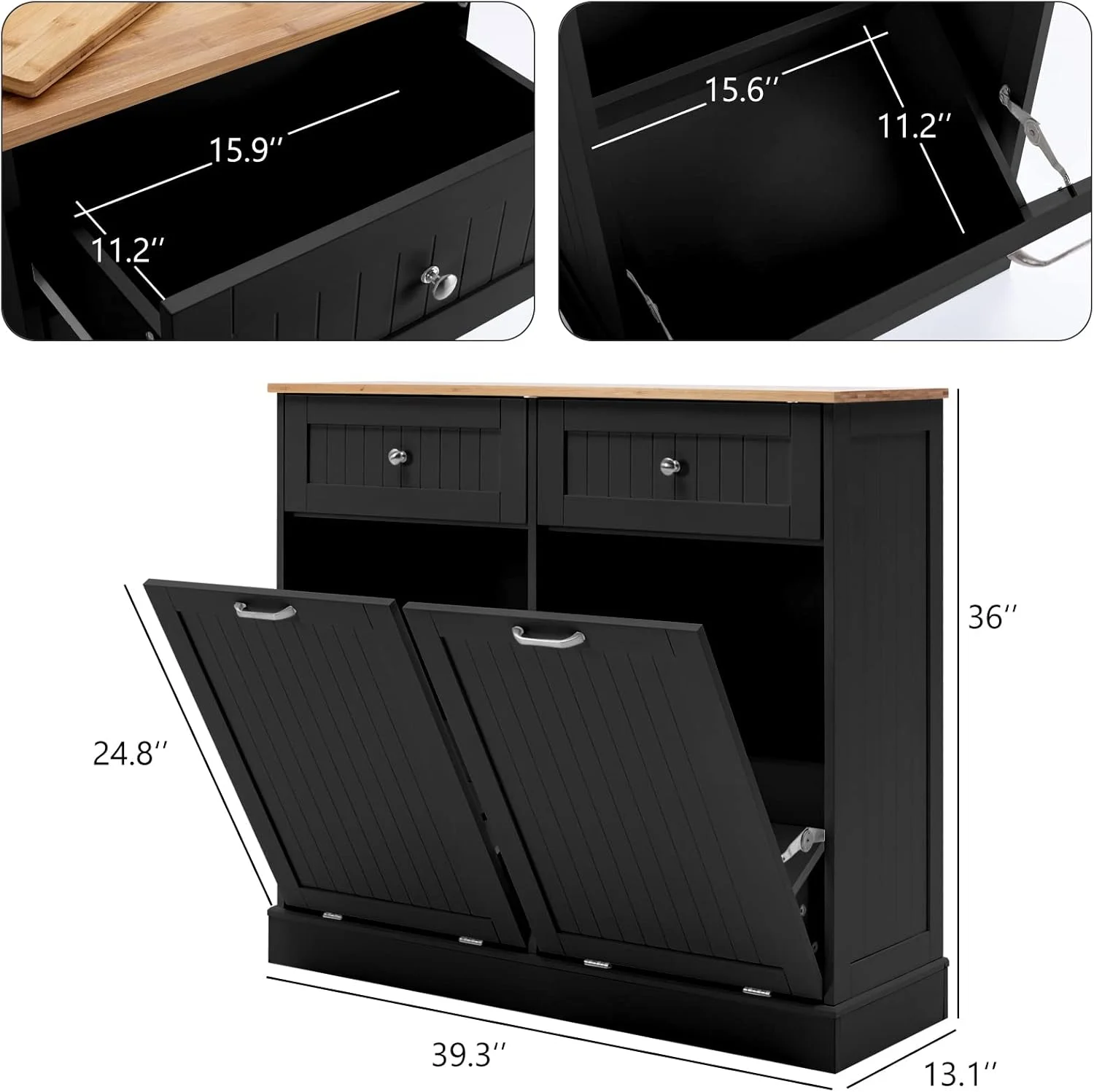 Double Trash Cabinet Tilt Out 20 Gallon, Pet Proof Kitchen Trash Cabinet Laundry Hamper with Cutting Board, Wood Garbage Recycling Station Hideaway Trash Holder Drawers(Full/White) - Image 8