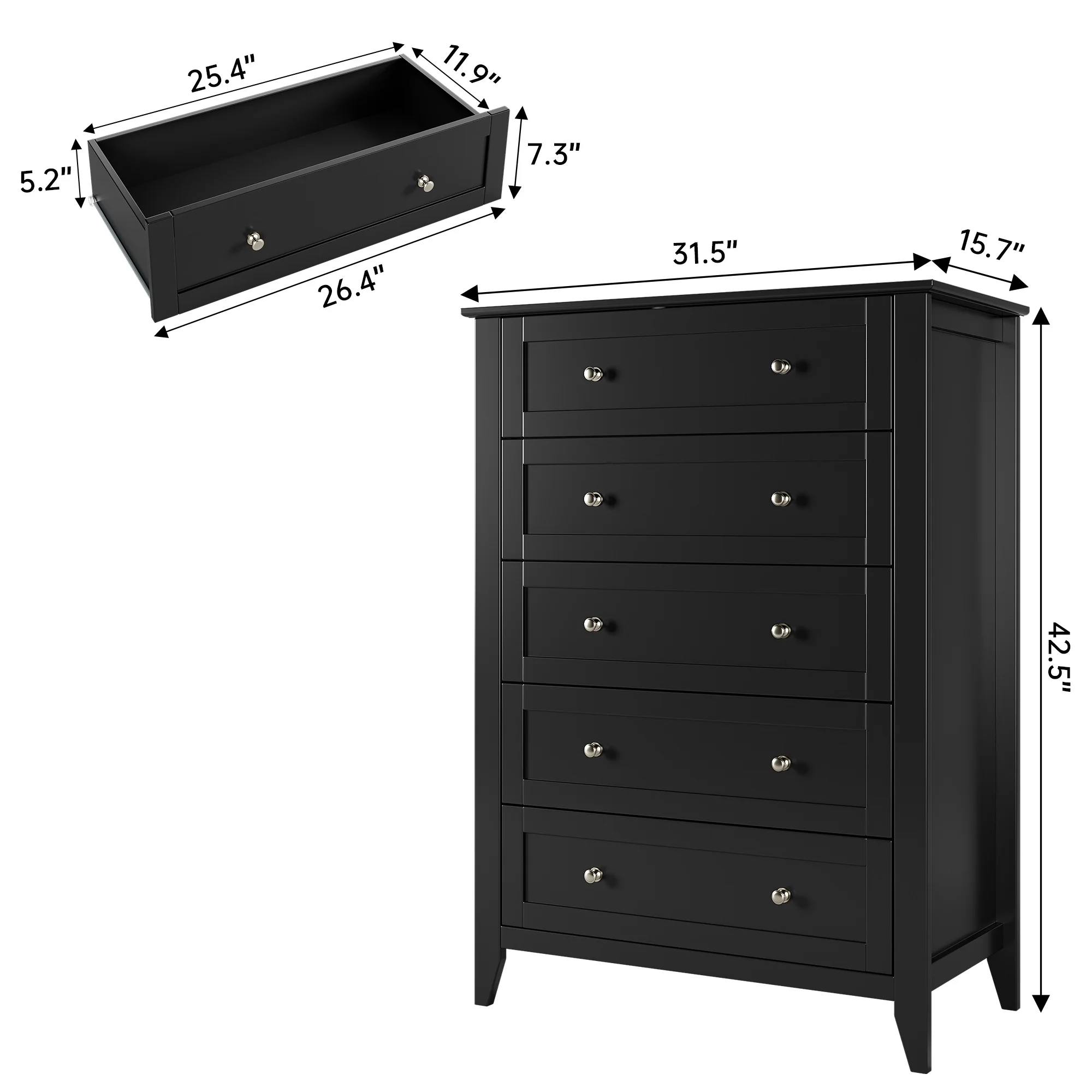 Homhougo Dresser for Bedroom Black with 5 Drawers, Tall Wood Organizer Storage Cabinet with Round Handle, Drawer Dresser for Closet, Living Room, Hallway, Nursery, Kids Bedroom